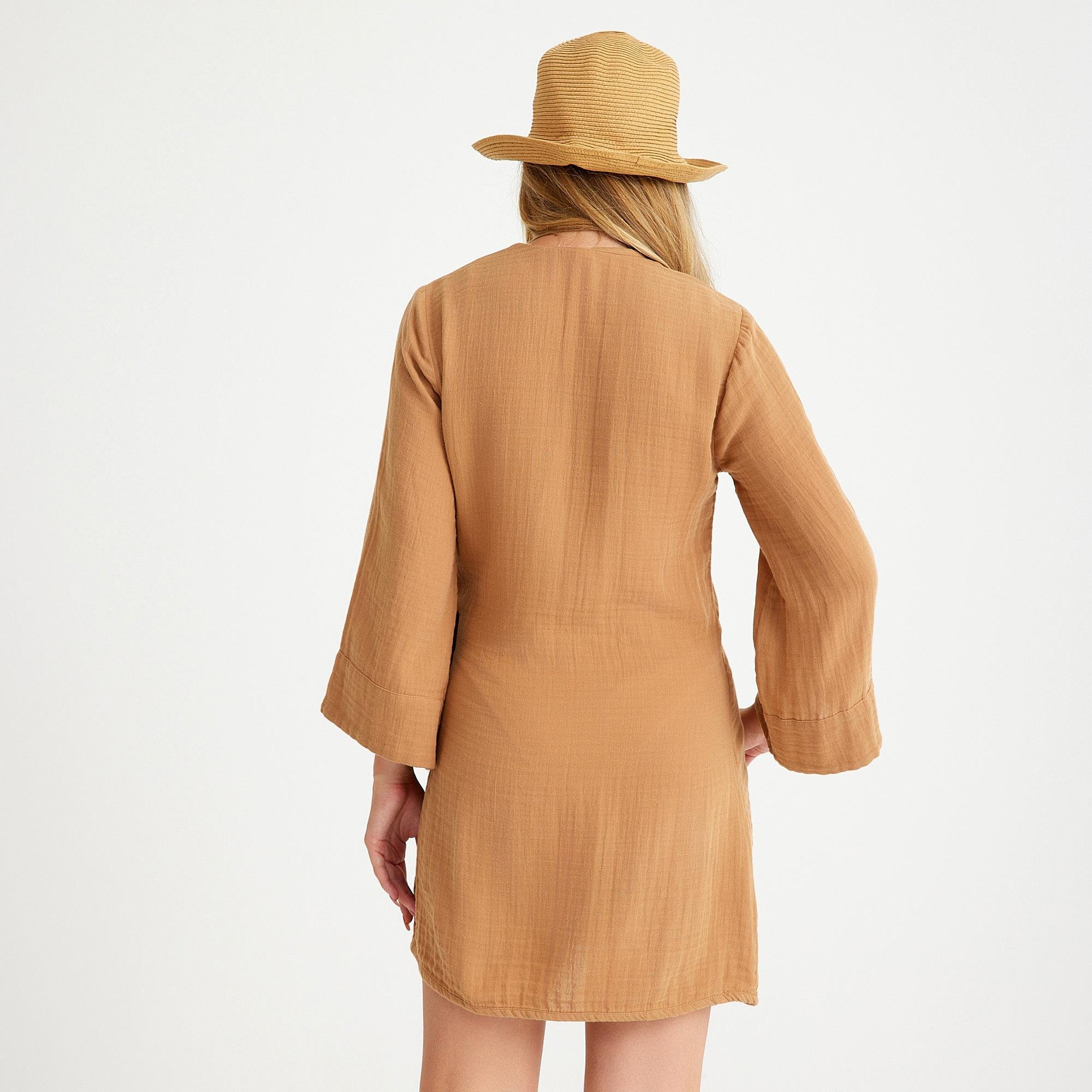 Plaj Elbisesi - %100 Pamuk Dokuma Kruvaze Kuşaklı Kadın Müslin Plaj Elbisesi - Miespiga