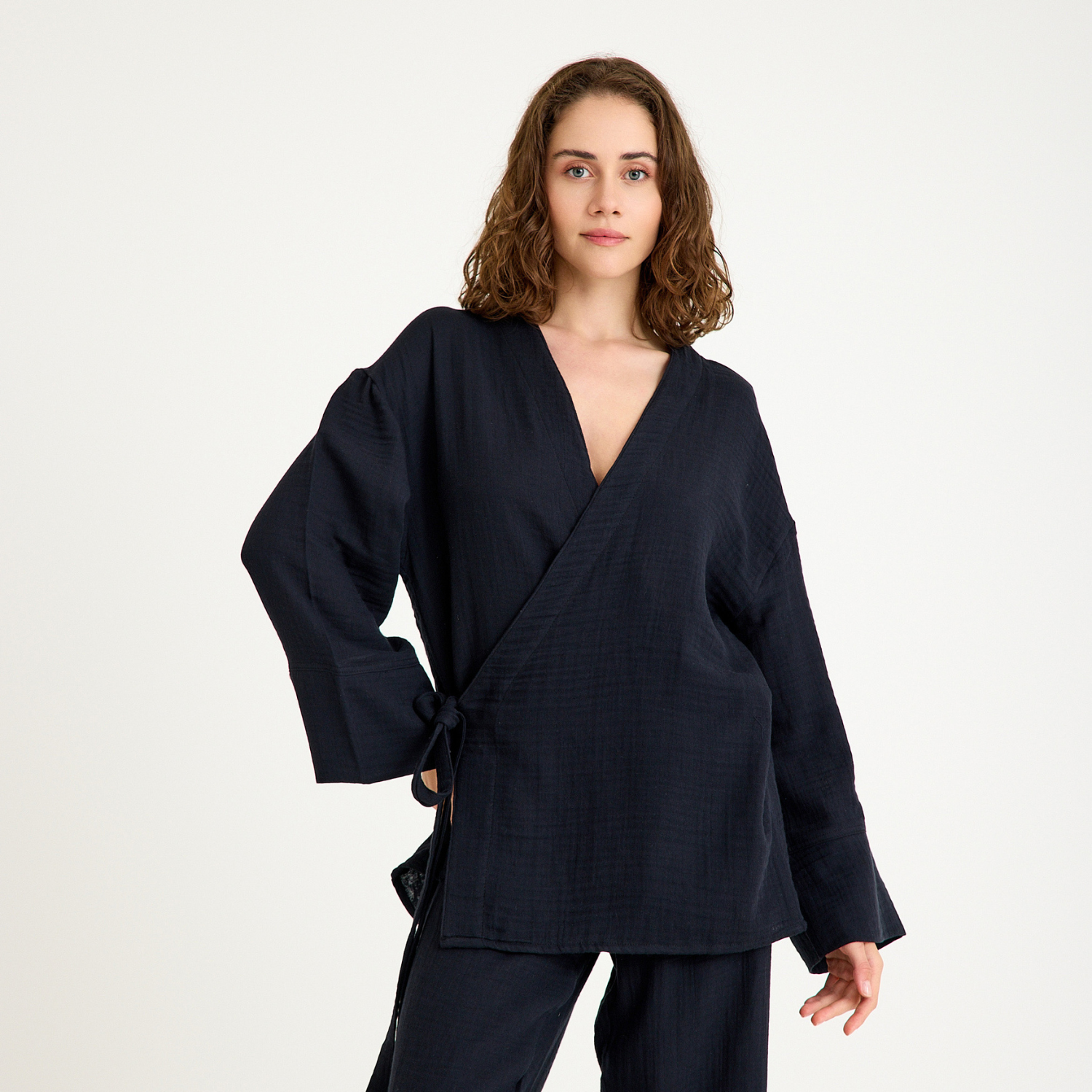 Kimono - %100 Pamuk İçten Bağlamalı Kruvaze Kadın Müslin Kimono - Miespiga