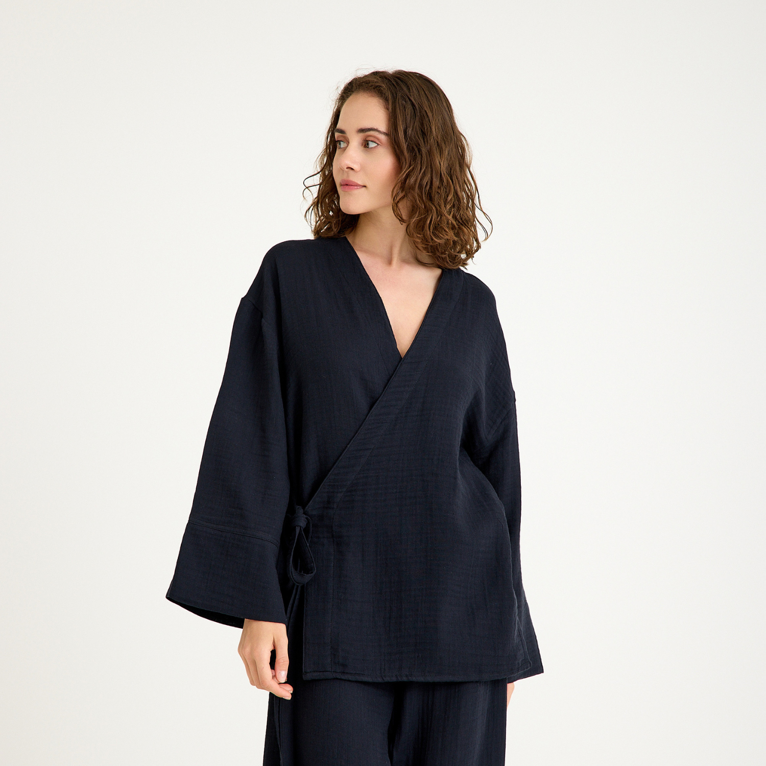 Kimono - %100 Pamuk İçten Bağlamalı Kruvaze Kadın Müslin Kimono - Miespiga