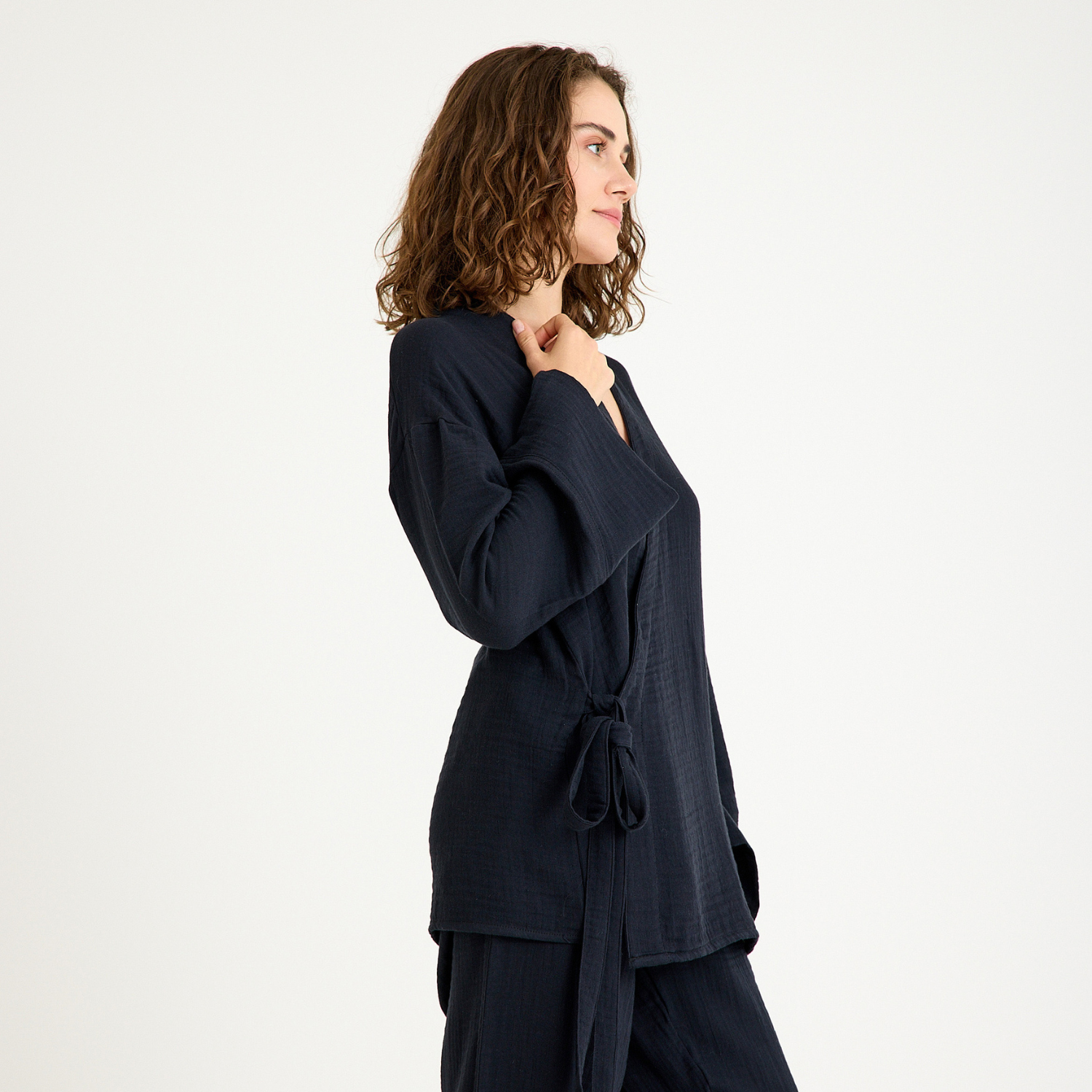 Kimono - %100 Pamuk İçten Bağlamalı Kruvaze Kadın Müslin Kimono - Miespiga