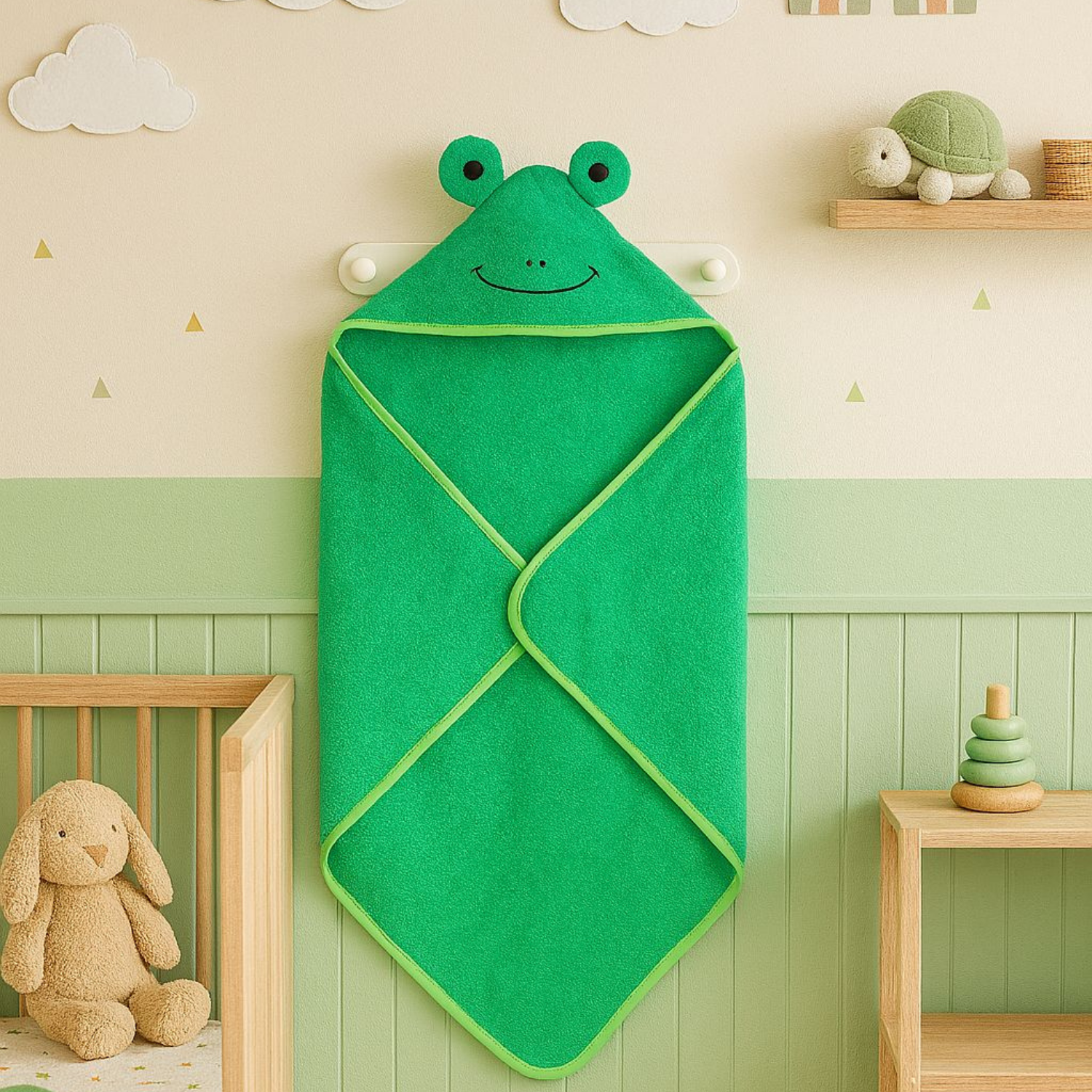 Havlu Kundak - %100 Pamuk Kurbağa Kundak Havlu Yeşil (75X75 CM) - Miespiga