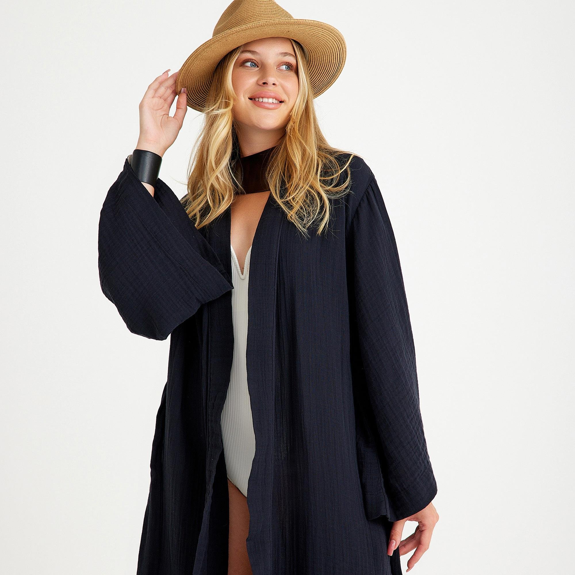 Kimono - %100 Pamuklu Dokuma Beli Kuşaklı Maxi Kadın Kimono Kaftan - Miespiga