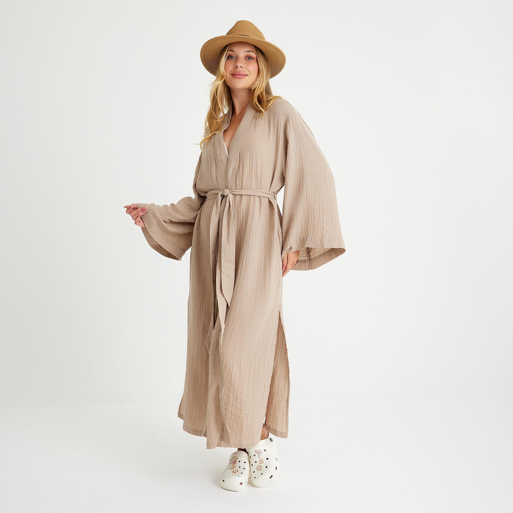 Kimono - %100 Pamuklu Dokuma Beli Kuşaklı Maxi Kadın Kimono Kaftan - Miespiga