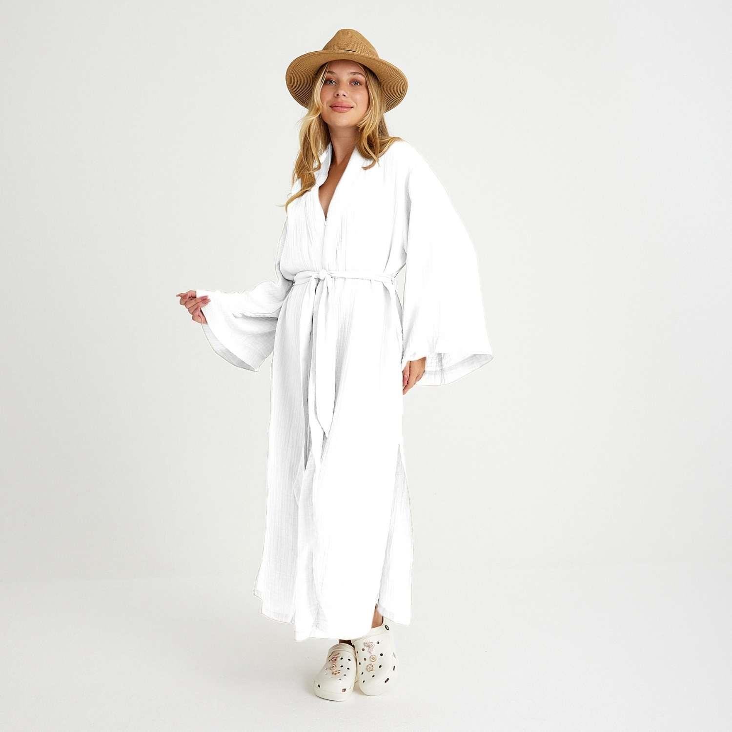 Kimono - %100 Pamuklu Dokuma Beli Kuşaklı Maxi Kadın Kimono Kaftan - Miespiga