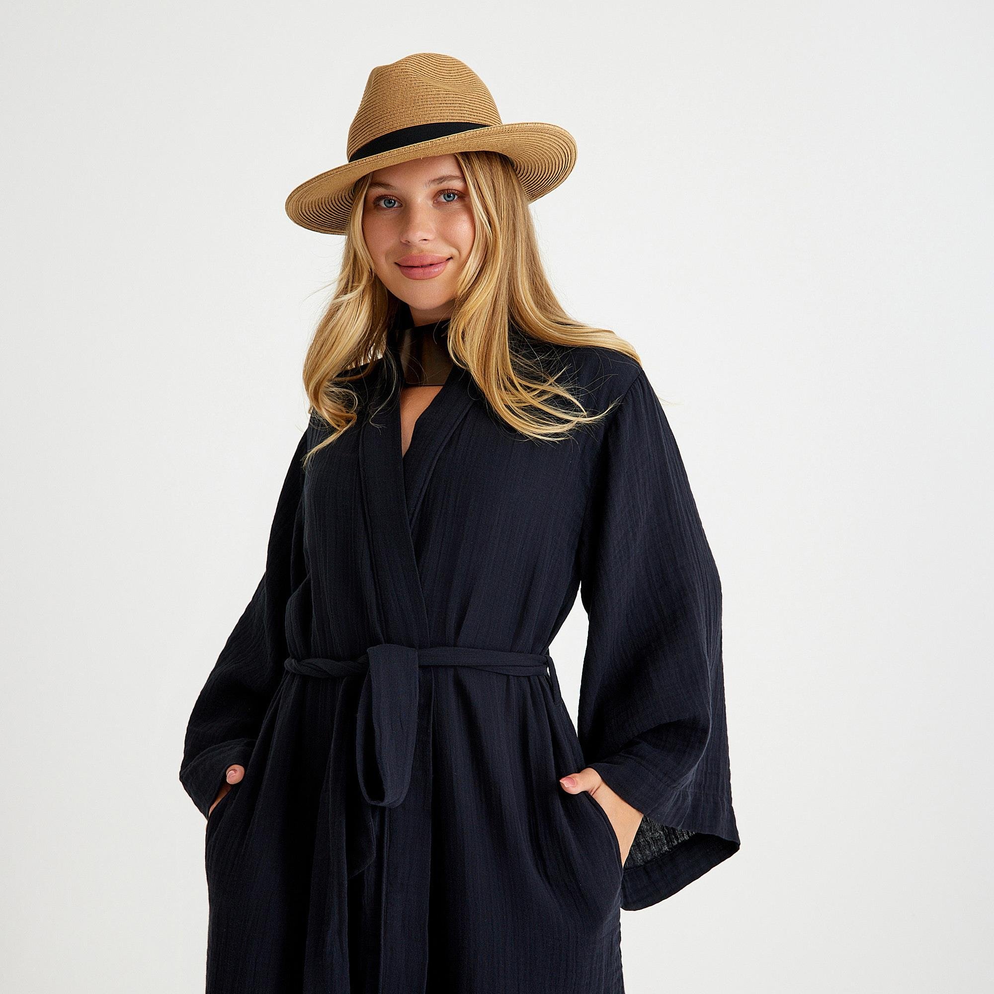 Kimono - %100 Pamuklu Dokuma Beli Kuşaklı Maxi Kadın Kimono Kaftan - Miespiga