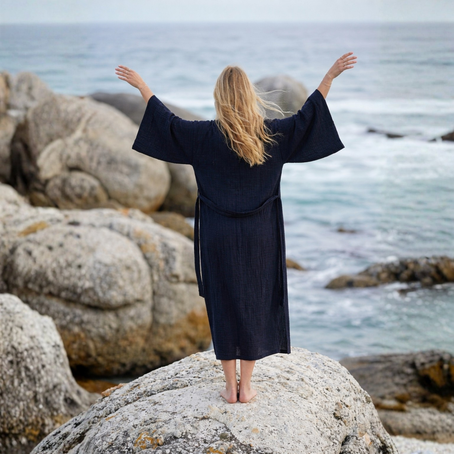 Kimono - %100 Pamuklu Dokuma Beli Kuşaklı Maxi Kadın Kimono Kaftan - Miespiga