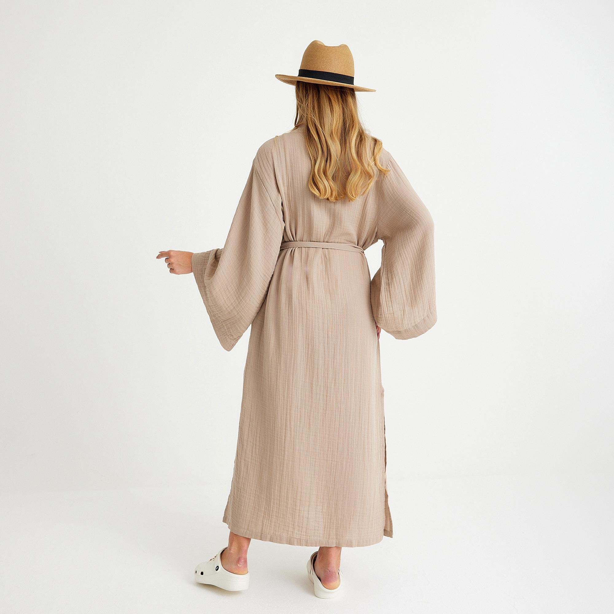 Kimono - %100 Pamuklu Dokuma Beli Kuşaklı Maxi Kadın Kimono Kaftan - Miespiga