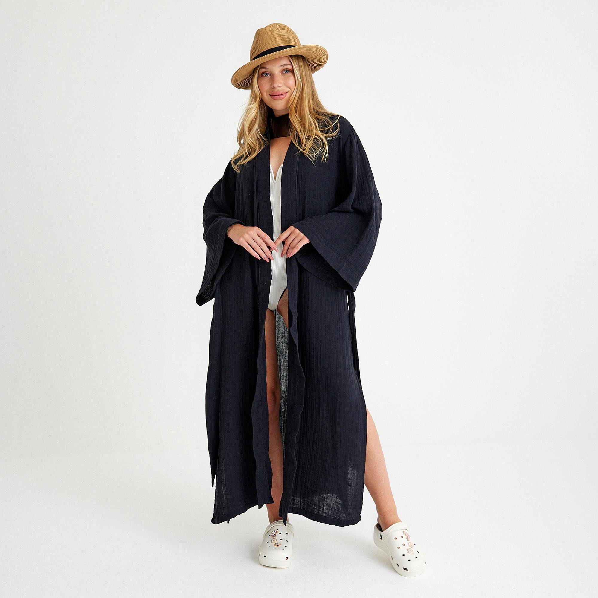 Kimono - %100 Pamuklu Dokuma Beli Kuşaklı Maxi Kadın Kimono Kaftan - Miespiga