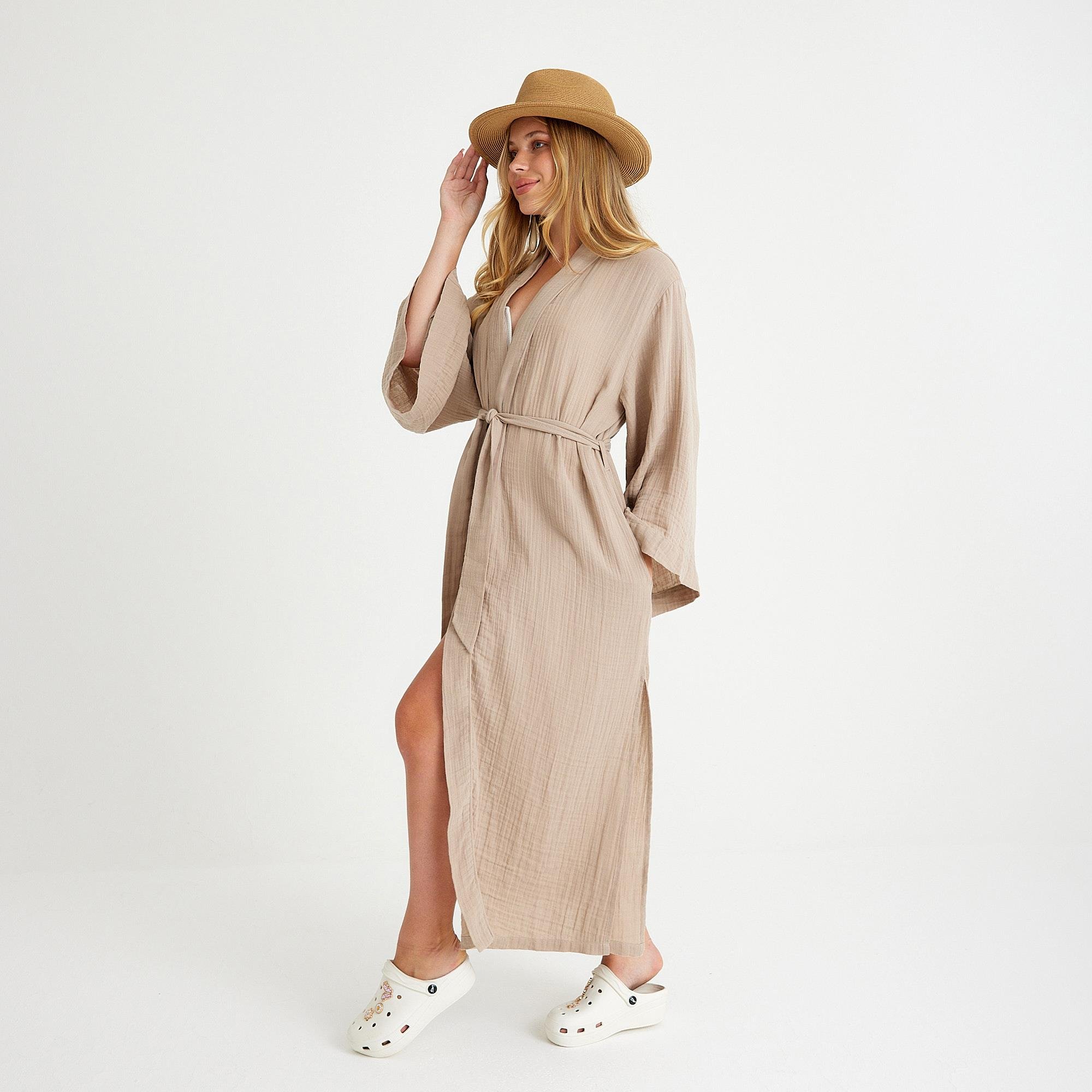 Kimono - %100 Pamuklu Dokuma Beli Kuşaklı Maxi Kadın Kimono Kaftan - Miespiga