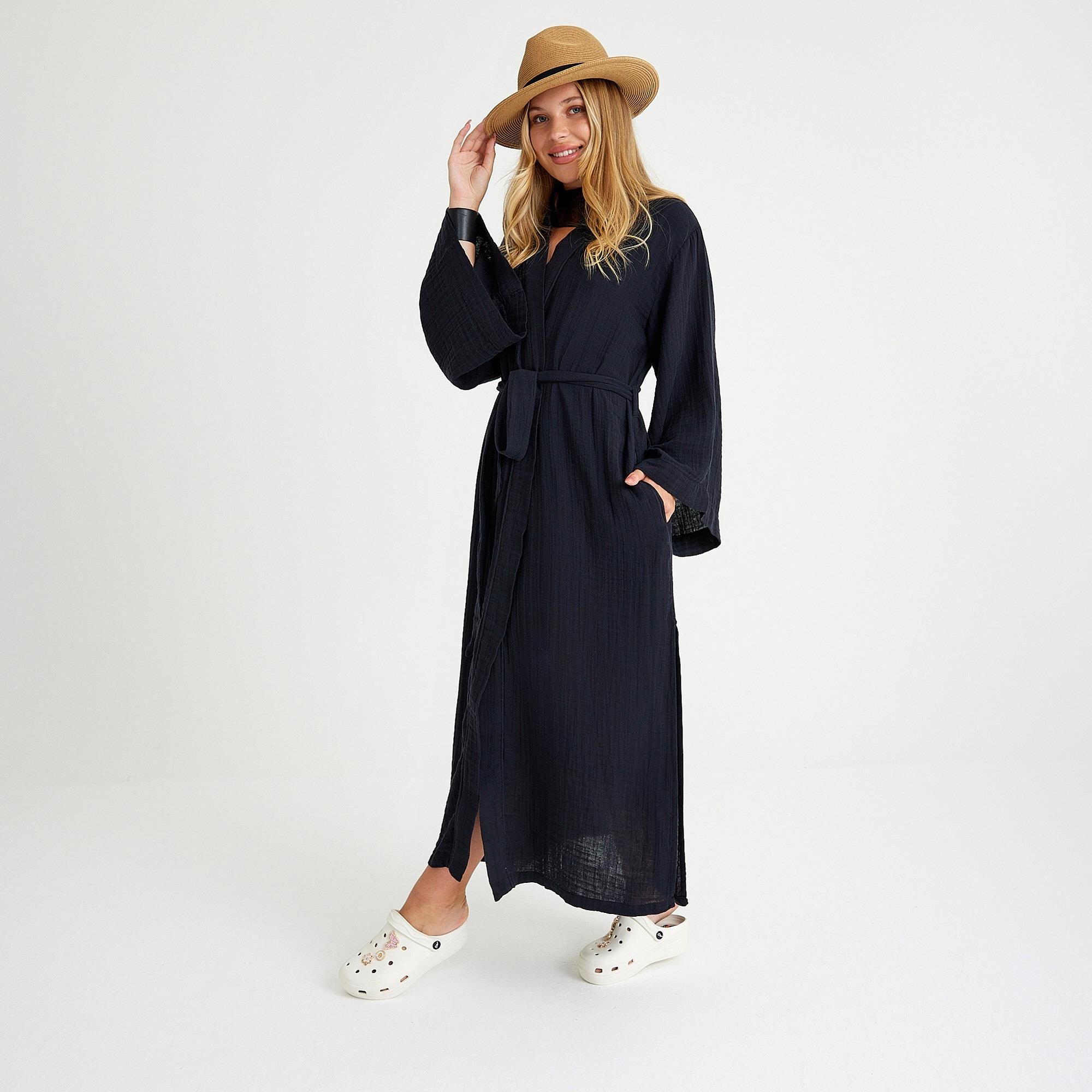 Kimono - %100 Pamuklu Dokuma Beli Kuşaklı Maxi Kadın Kimono Kaftan - Miespiga