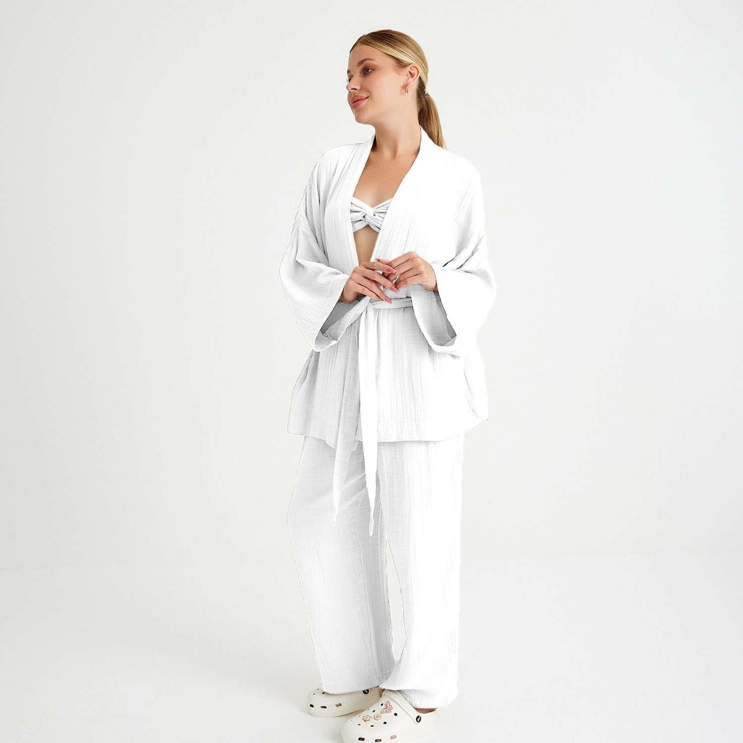 Kimono - %100 Pamuklu Dokuma Beli Kuşaklı Mini Kadın Kimono Kaftan - Miespiga