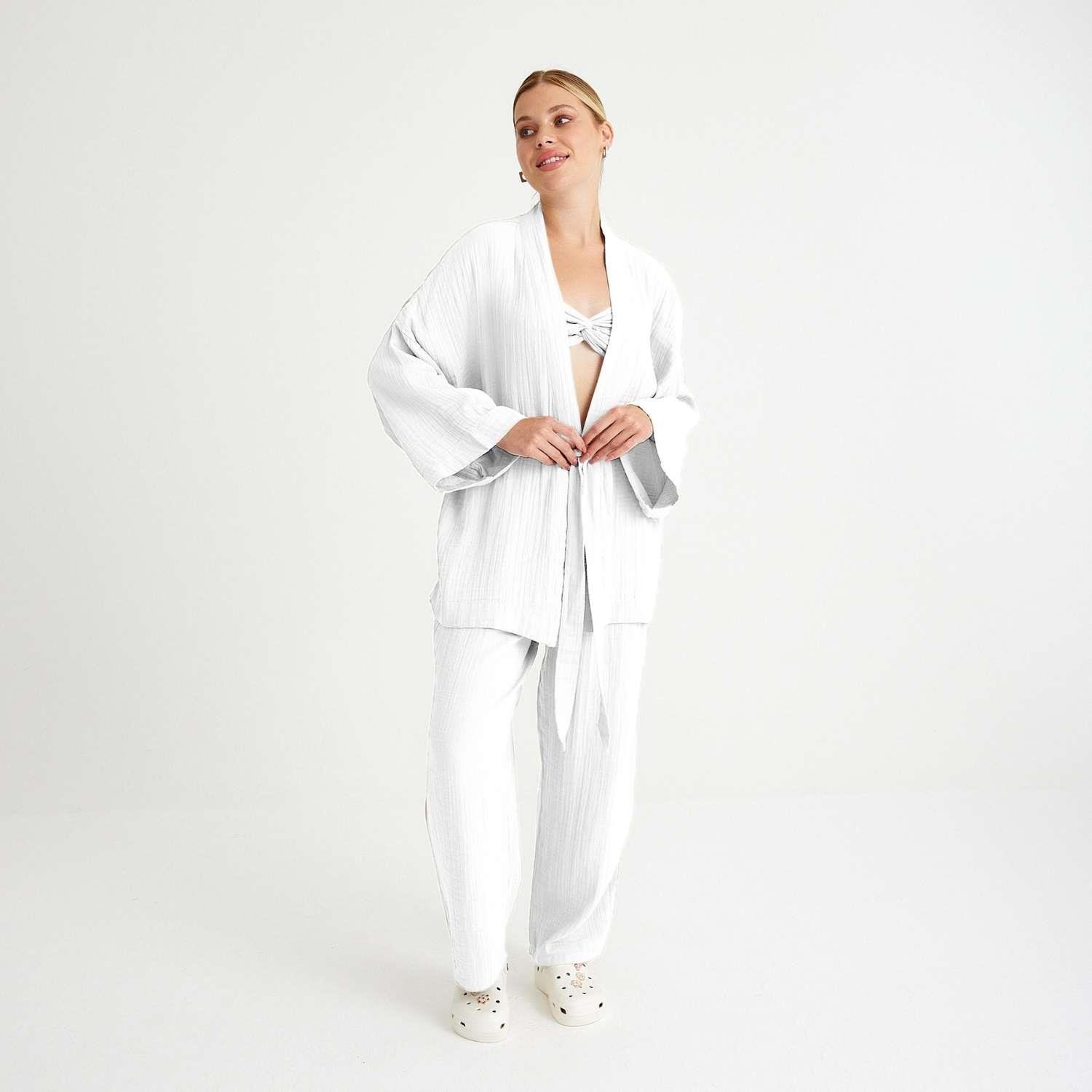 Kimono - %100 Pamuklu Dokuma Beli Kuşaklı Mini Kadın Kimono Kaftan - Miespiga