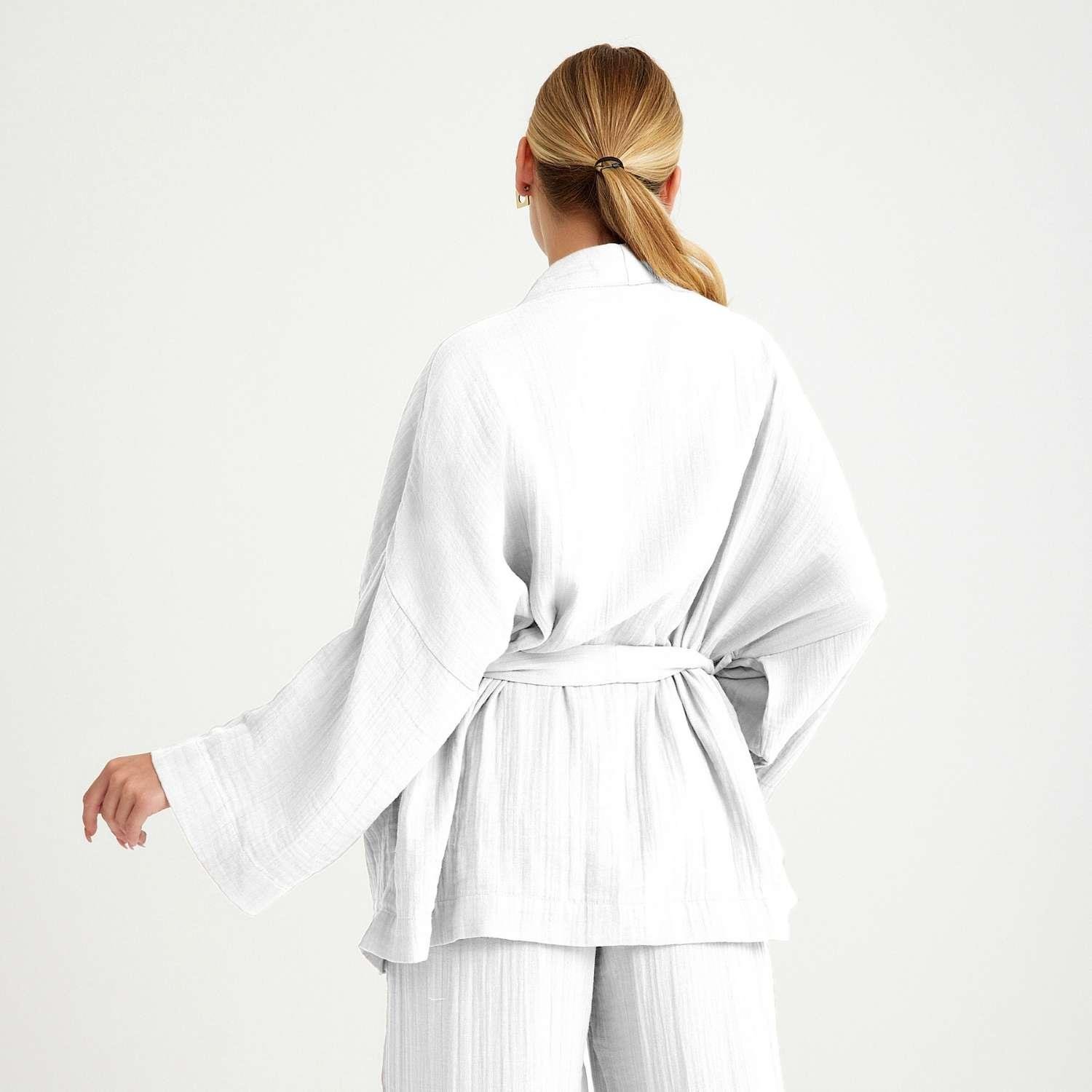 Kimono - %100 Pamuklu Dokuma Beli Kuşaklı Mini Kadın Kimono Kaftan - Miespiga