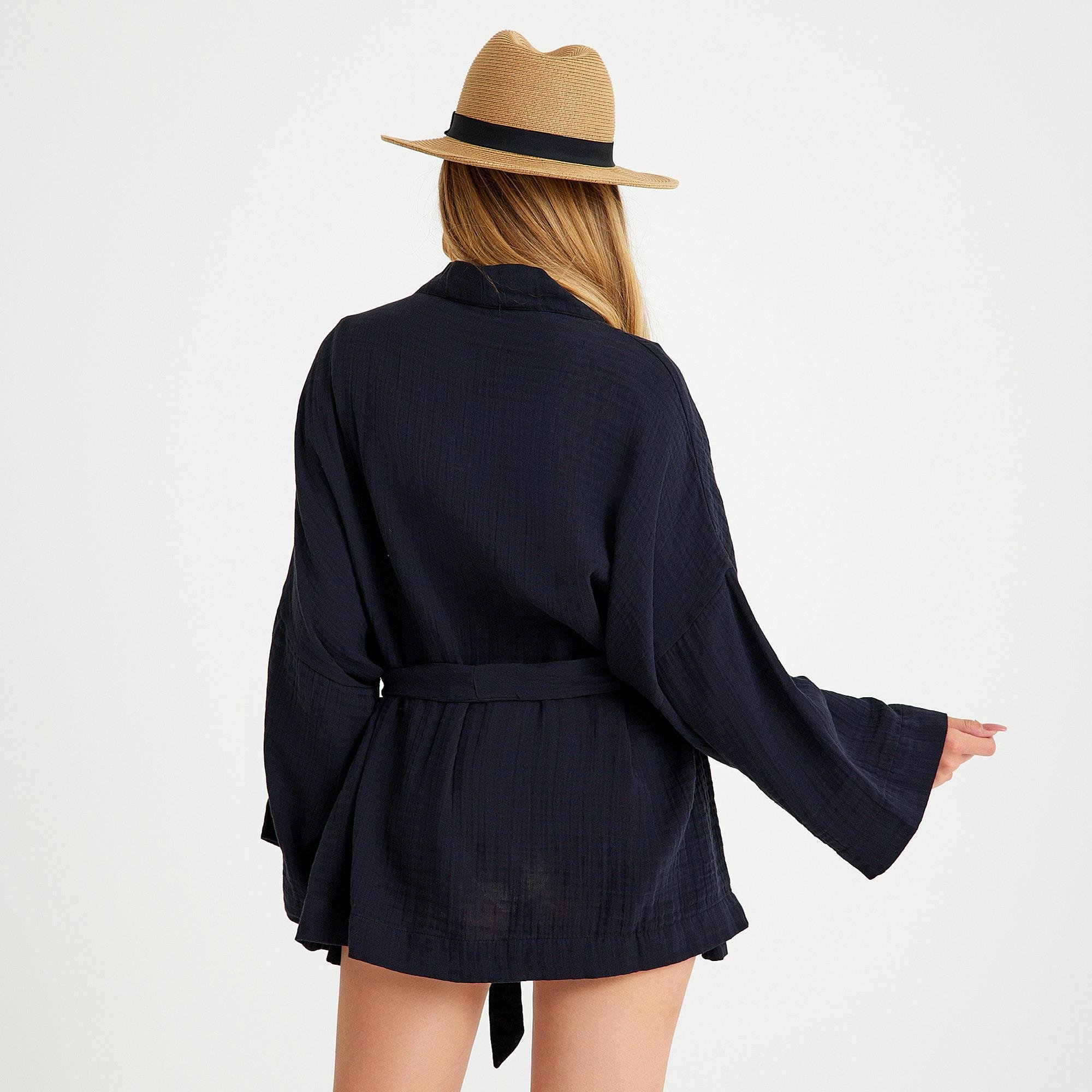 Kimono - %100 Pamuklu Dokuma Beli Kuşaklı Mini Kadın Kimono Kaftan - Miespiga