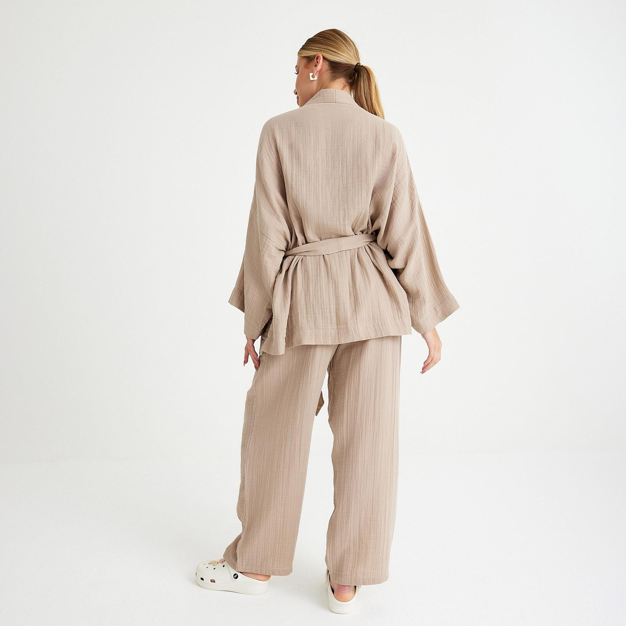 Kimono - %100 Pamuklu Dokuma Beli Kuşaklı Mini Kadın Kimono Kaftan - Miespiga