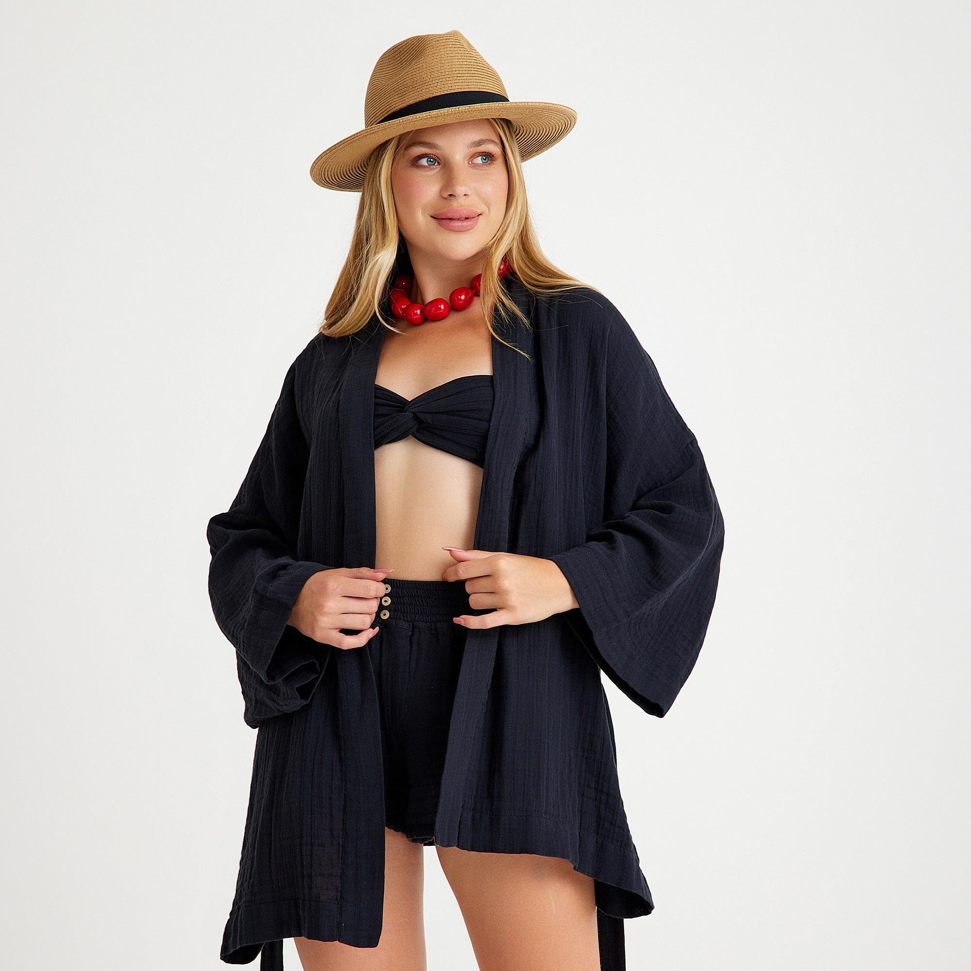 Kimono - %100 Pamuklu Dokuma Beli Kuşaklı Mini Kadın Kimono Kaftan - Miespiga