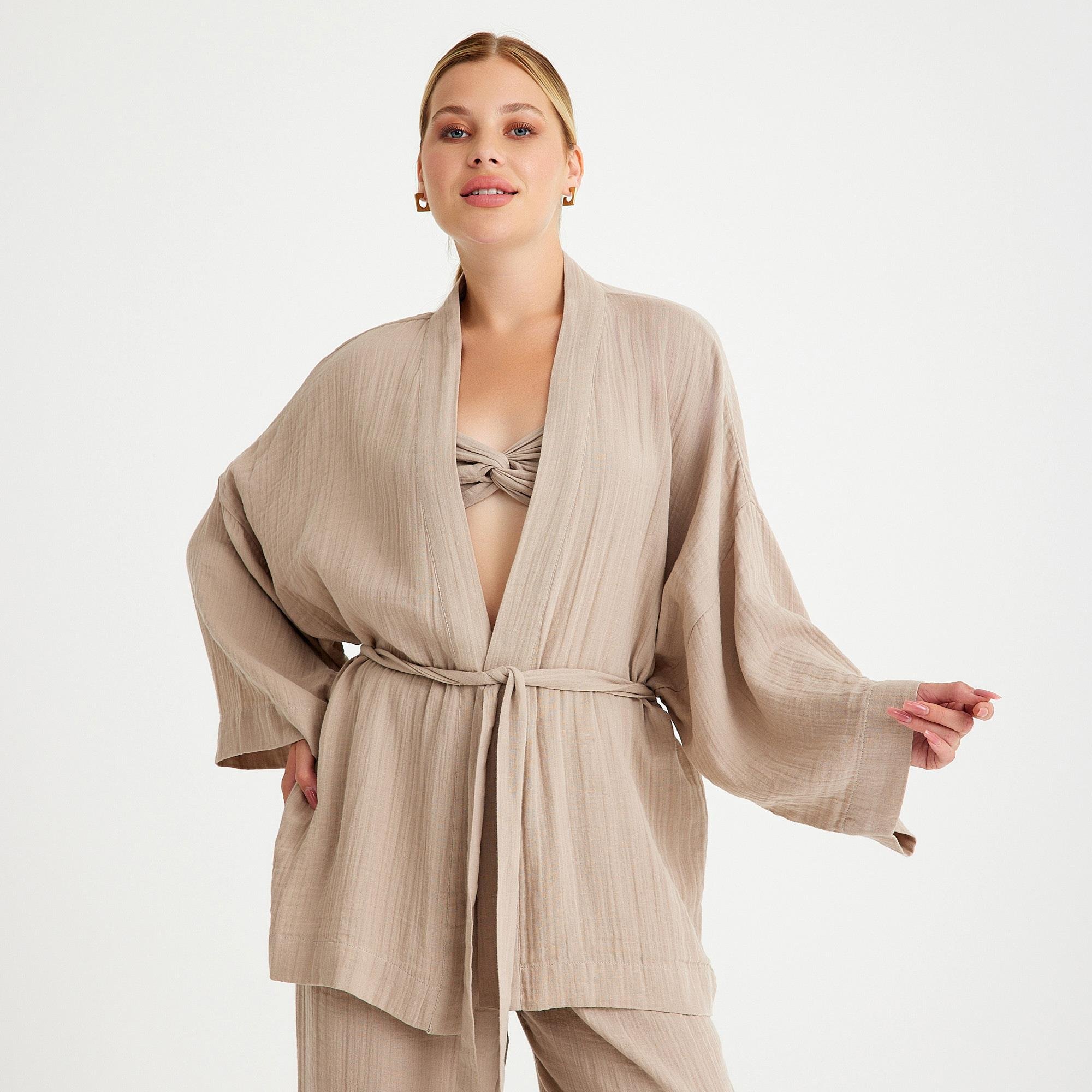 Kimono - %100 Pamuklu Dokuma Beli Kuşaklı Mini Kadın Kimono Kaftan - Miespiga