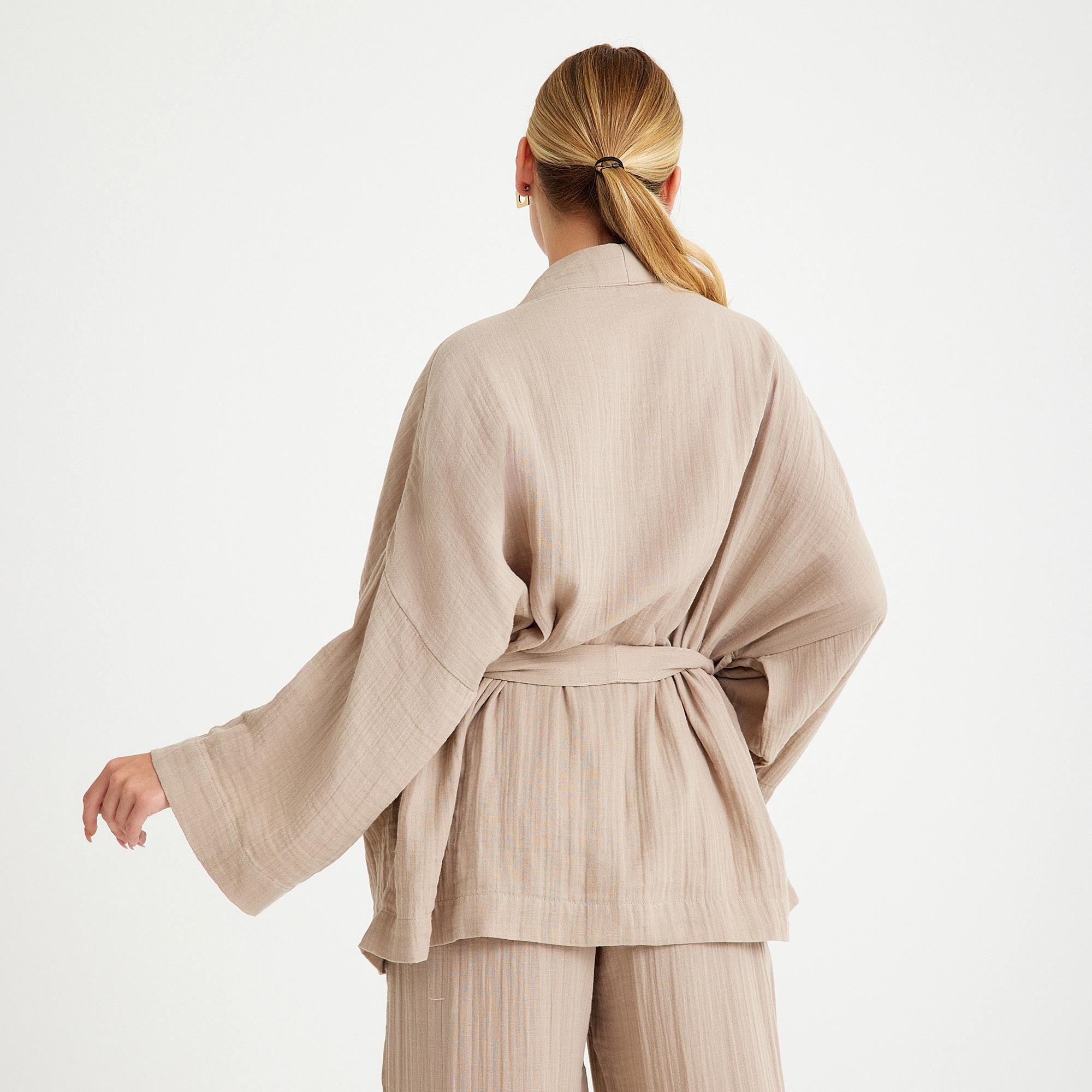 Kimono - %100 Pamuklu Dokuma Beli Kuşaklı Mini Kadın Kimono Kaftan - Miespiga