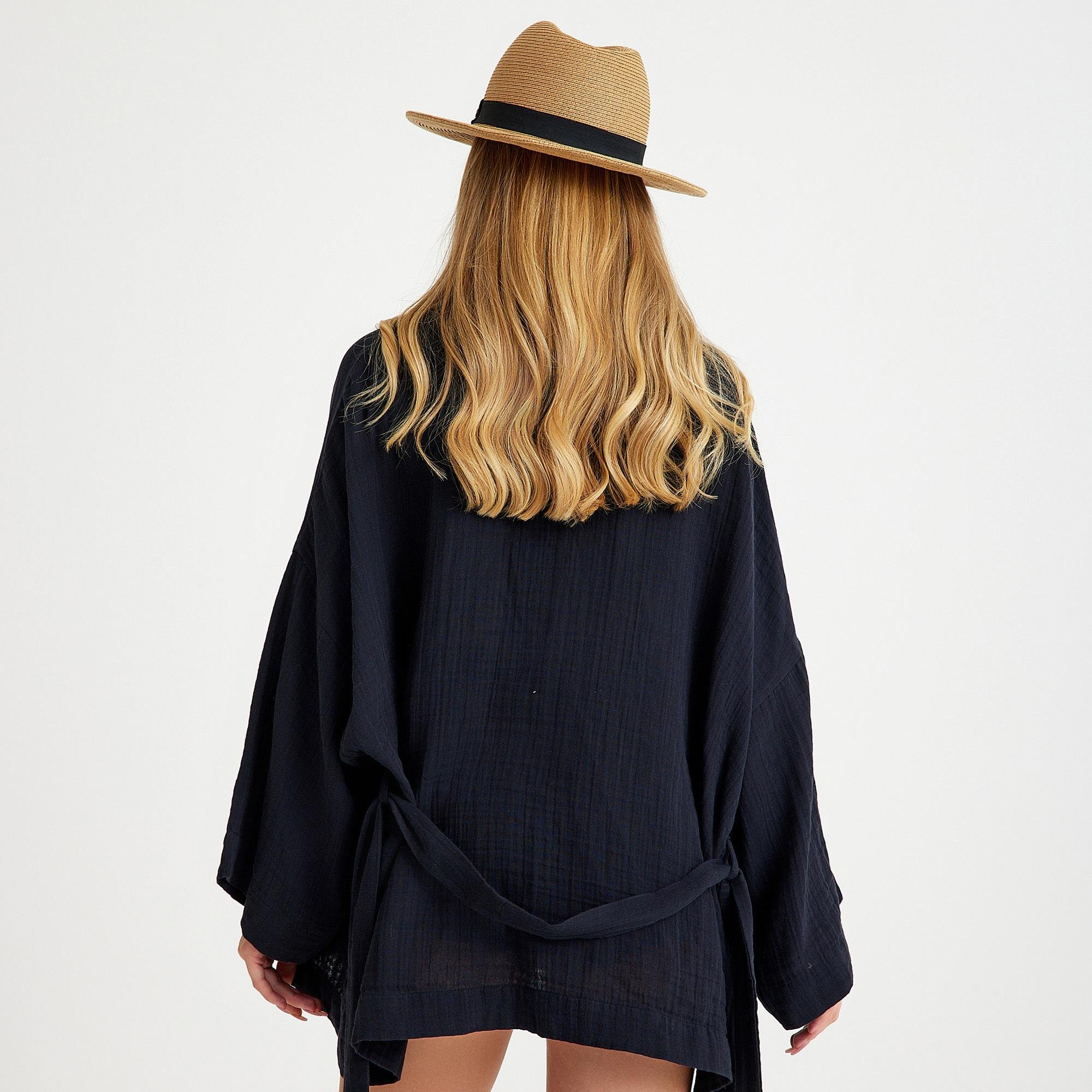 Kimono - %100 Pamuklu Dokuma Beli Kuşaklı Mini Kadın Kimono Kaftan - Miespiga