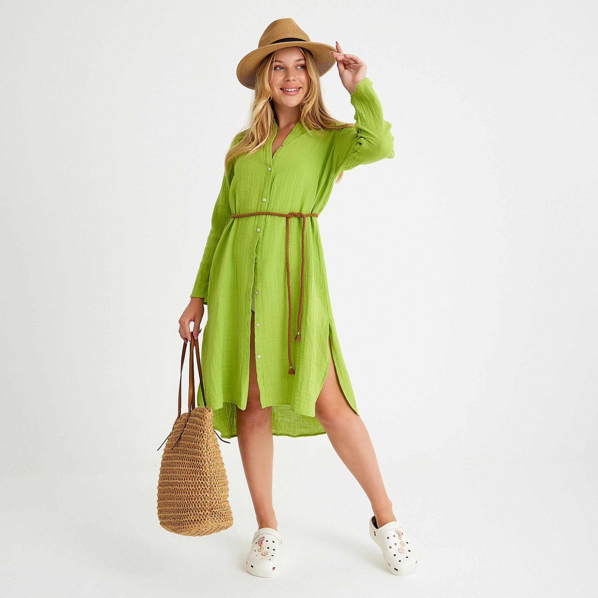 Plaj Elbisesi - %100 Pamuklu Dokuma Müslin Hakim Yaka Kemer Detaylı Plaj Gömlek Elbise - Miespiga