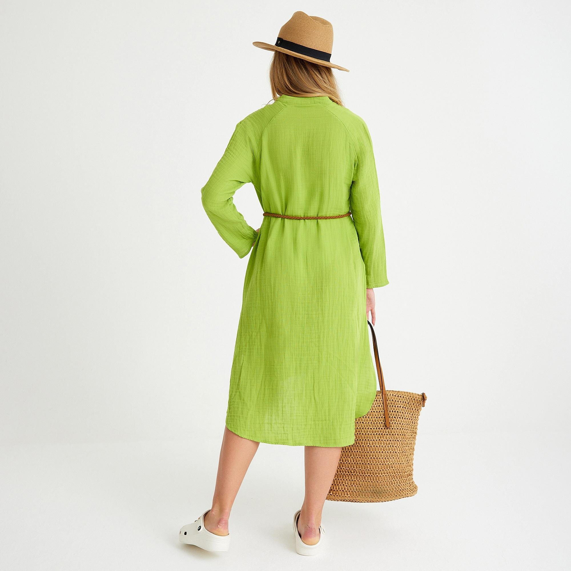 Plaj Elbisesi - %100 Pamuklu Dokuma Müslin Hakim Yaka Kemer Detaylı Plaj Gömlek Elbise - Miespiga