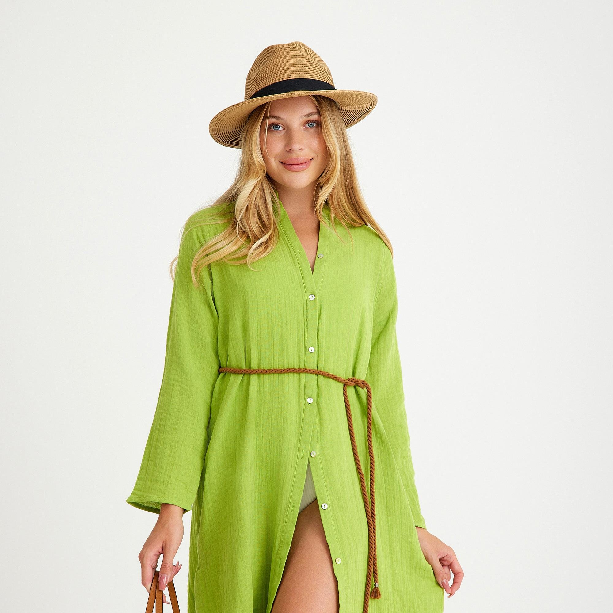 Plaj Elbisesi - %100 Pamuklu Dokuma Müslin Hakim Yaka Kemer Detaylı Plaj Gömlek Elbise - Miespiga