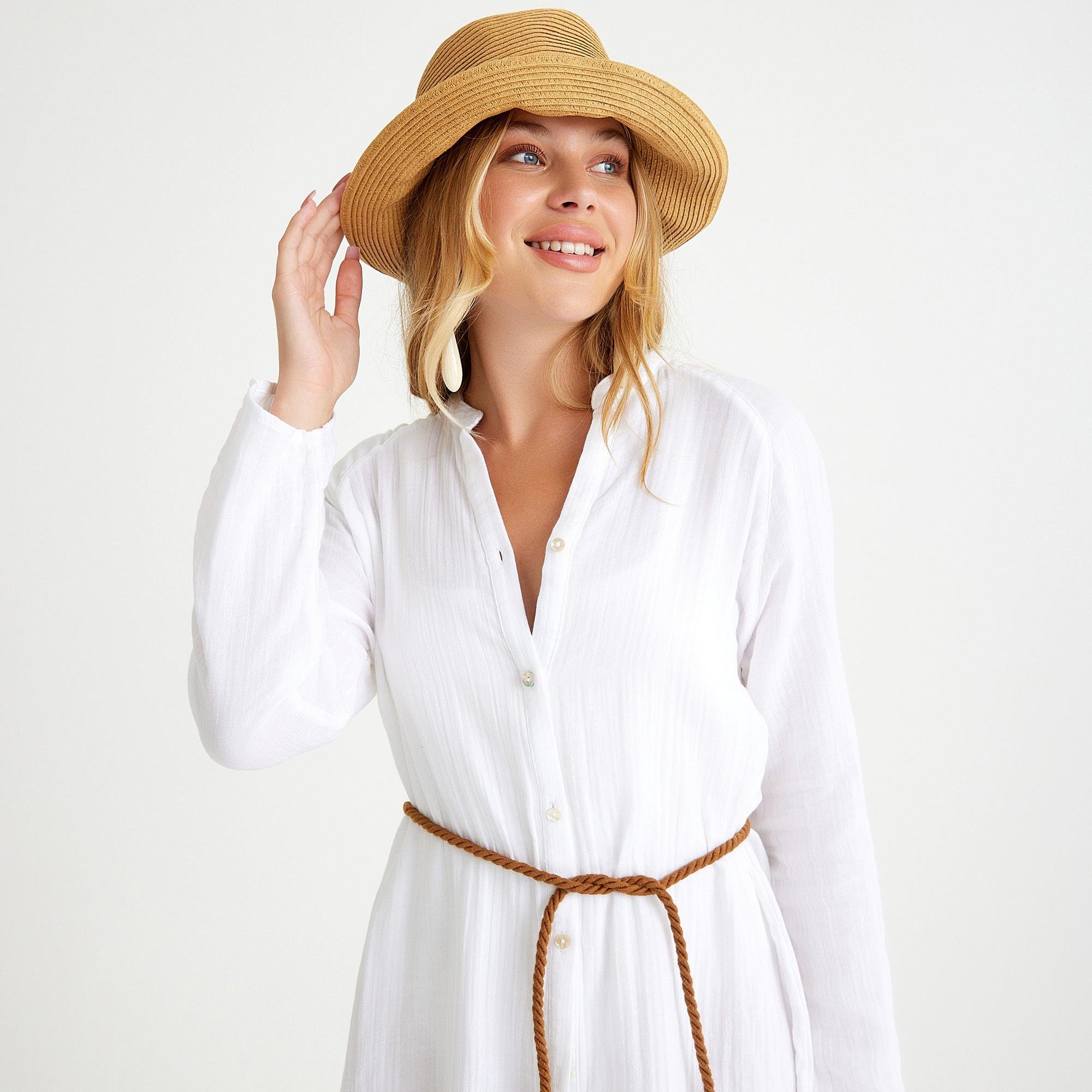 Plaj Elbisesi - %100 Pamuklu Dokuma Müslin Hakim Yaka Kemer Detaylı Plaj Gömlek Elbise - Miespiga