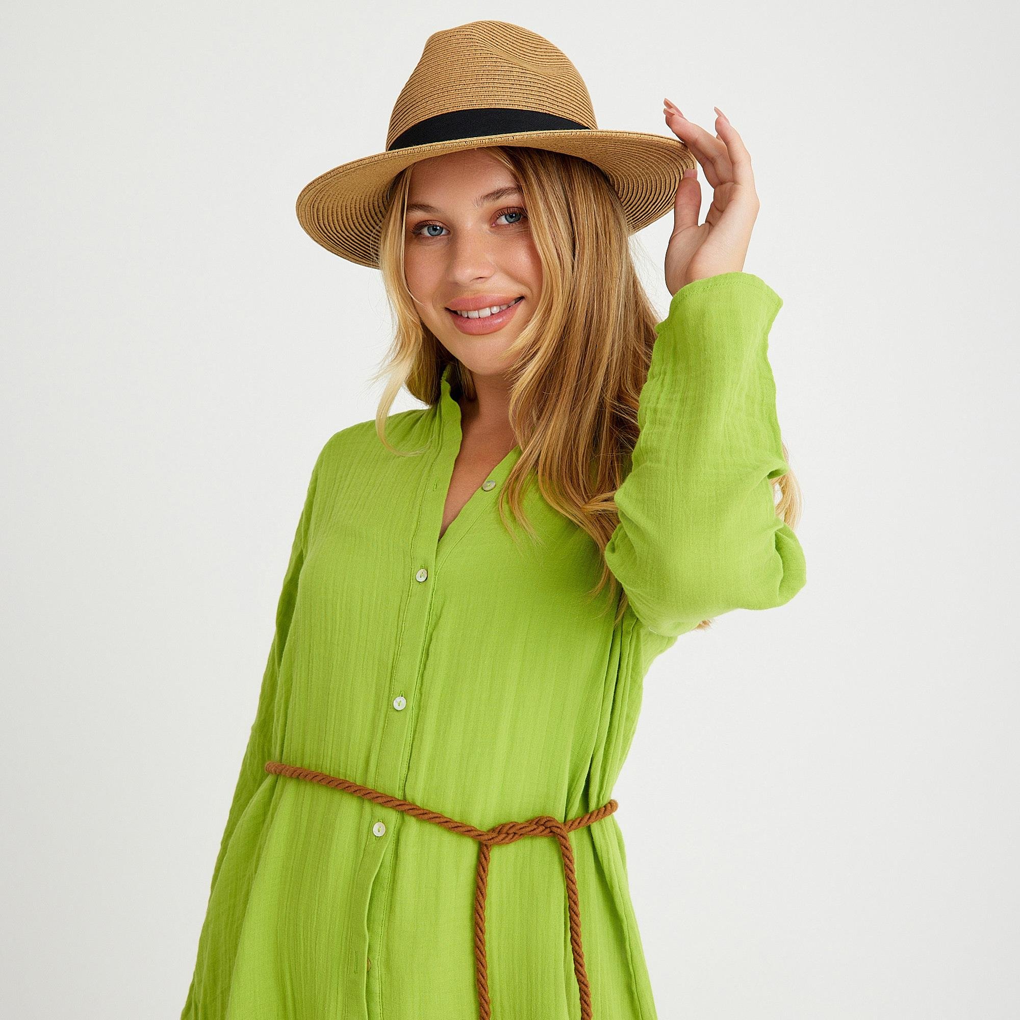 Plaj Elbisesi - %100 Pamuklu Dokuma Müslin Hakim Yaka Kemer Detaylı Plaj Gömlek Elbise - Miespiga