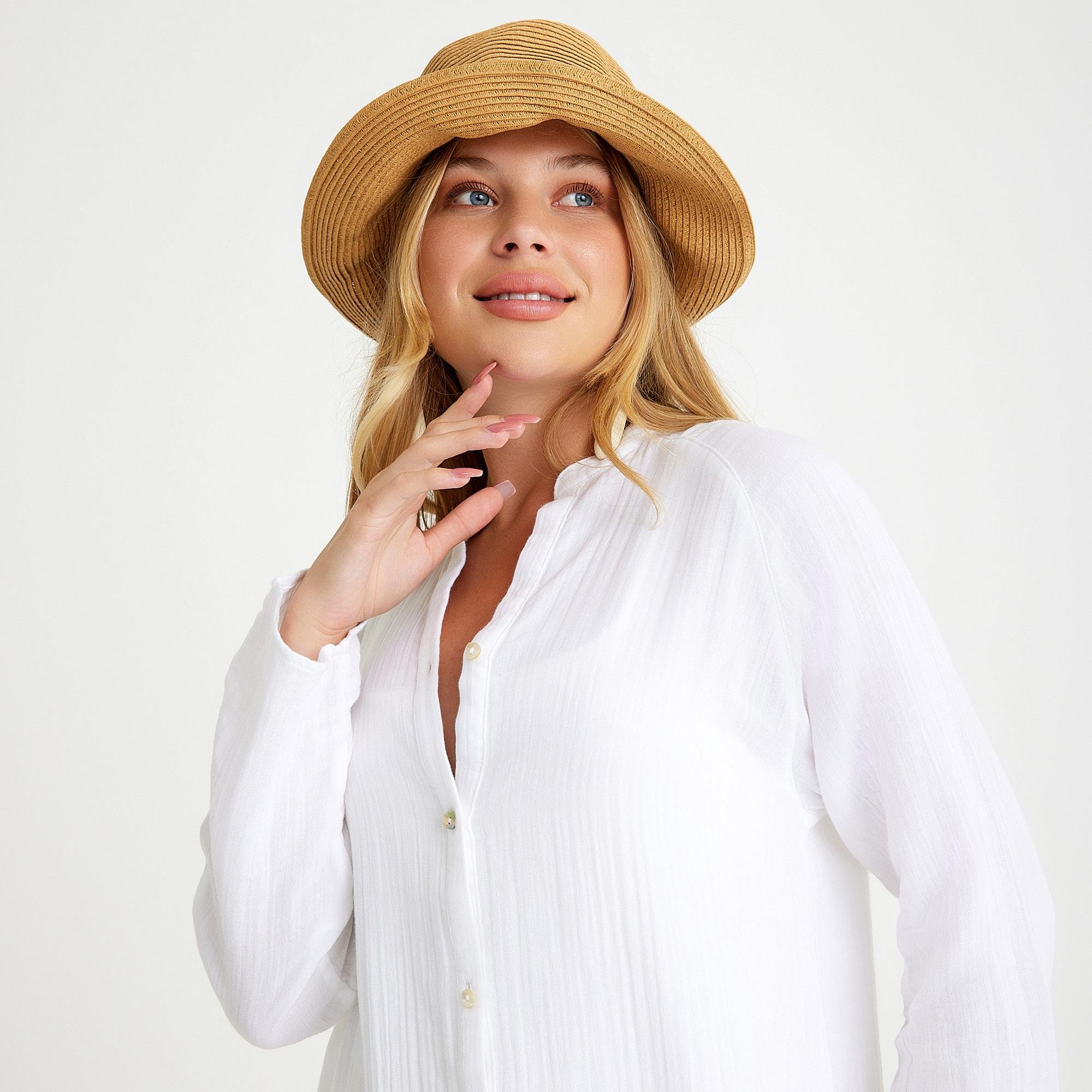 Plaj Elbisesi - %100 Pamuklu Dokuma Müslin Hakim Yaka Kemer Detaylı Plaj Gömlek Elbise - Miespiga