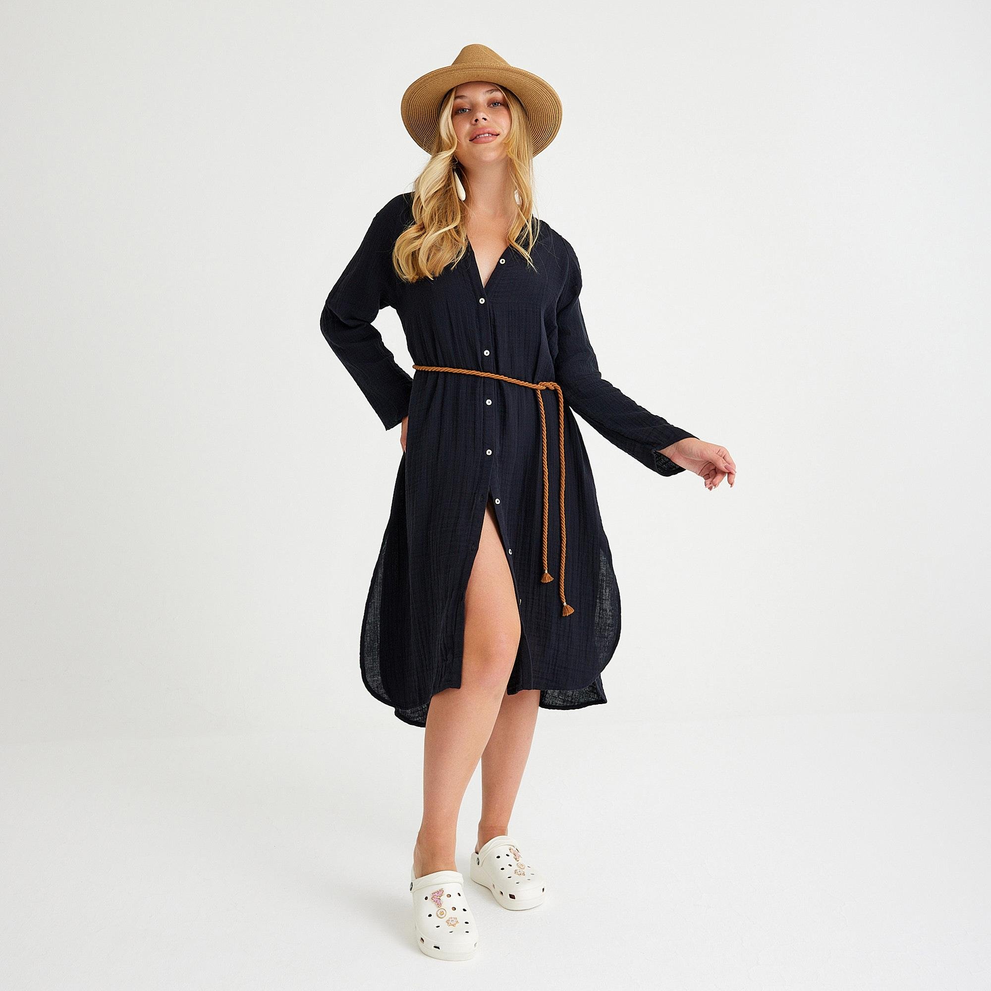 Plaj Elbisesi - %100 Pamuklu Dokuma Müslin Hakim Yaka Kemer Detaylı Plaj Gömlek Elbise - Miespiga