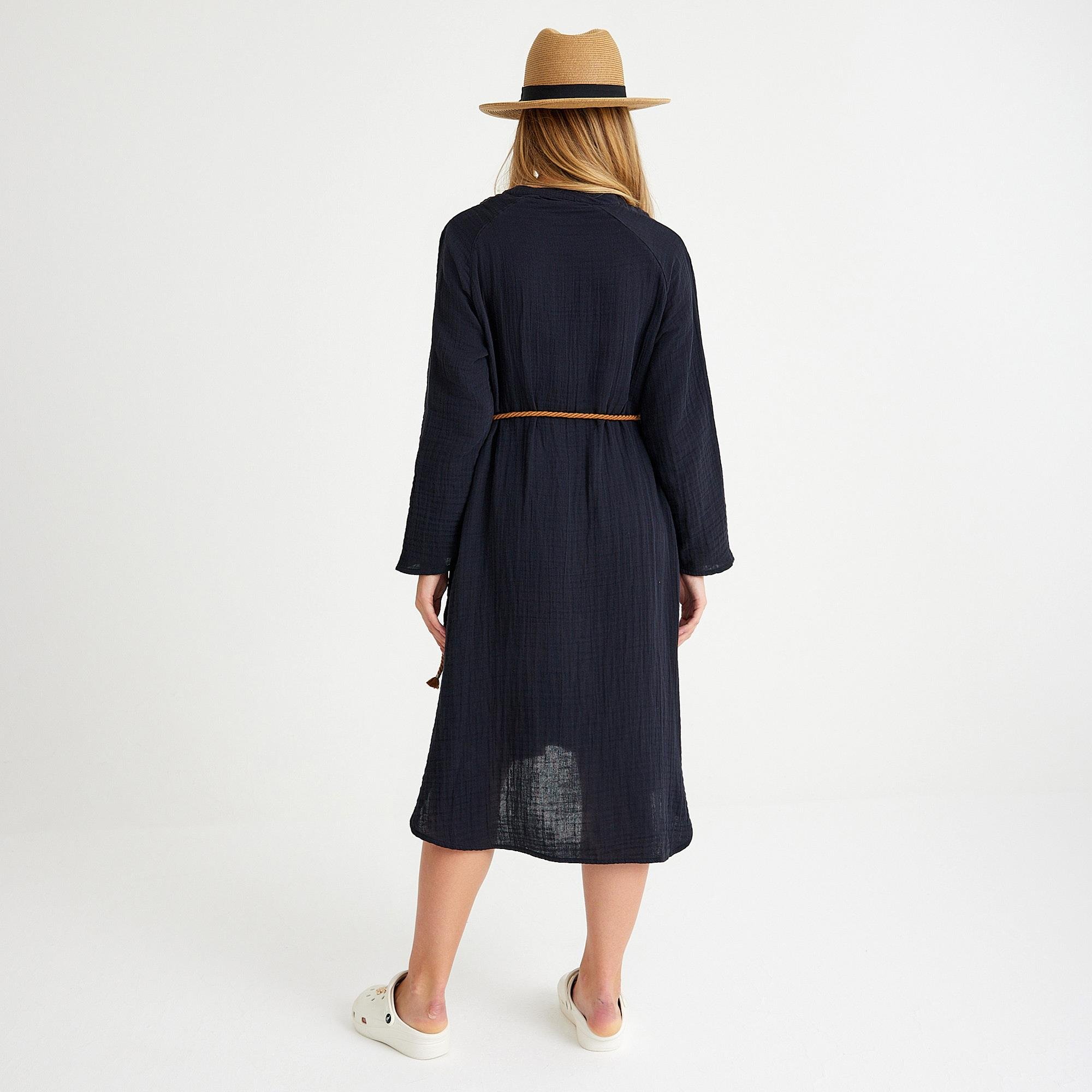 Plaj Elbisesi - %100 Pamuklu Dokuma Müslin Hakim Yaka Kemer Detaylı Plaj Gömlek Elbise - Miespiga