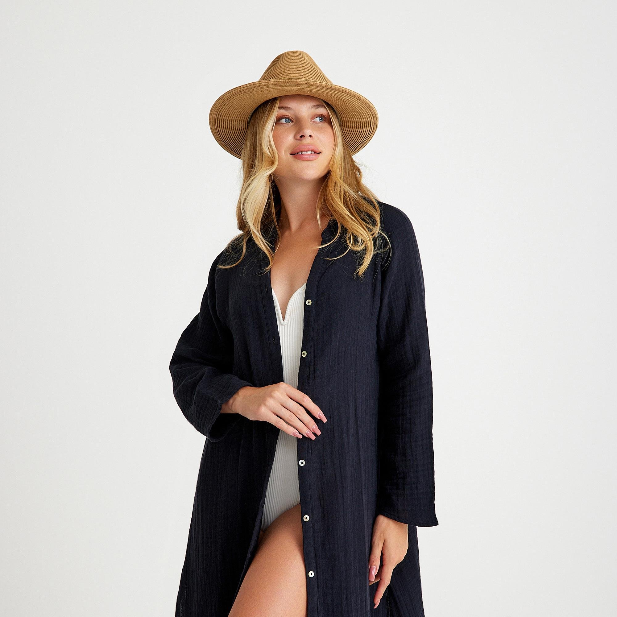 Plaj Elbisesi - %100 Pamuklu Dokuma Müslin Hakim Yaka Kemer Detaylı Plaj Gömlek Elbise - Miespiga