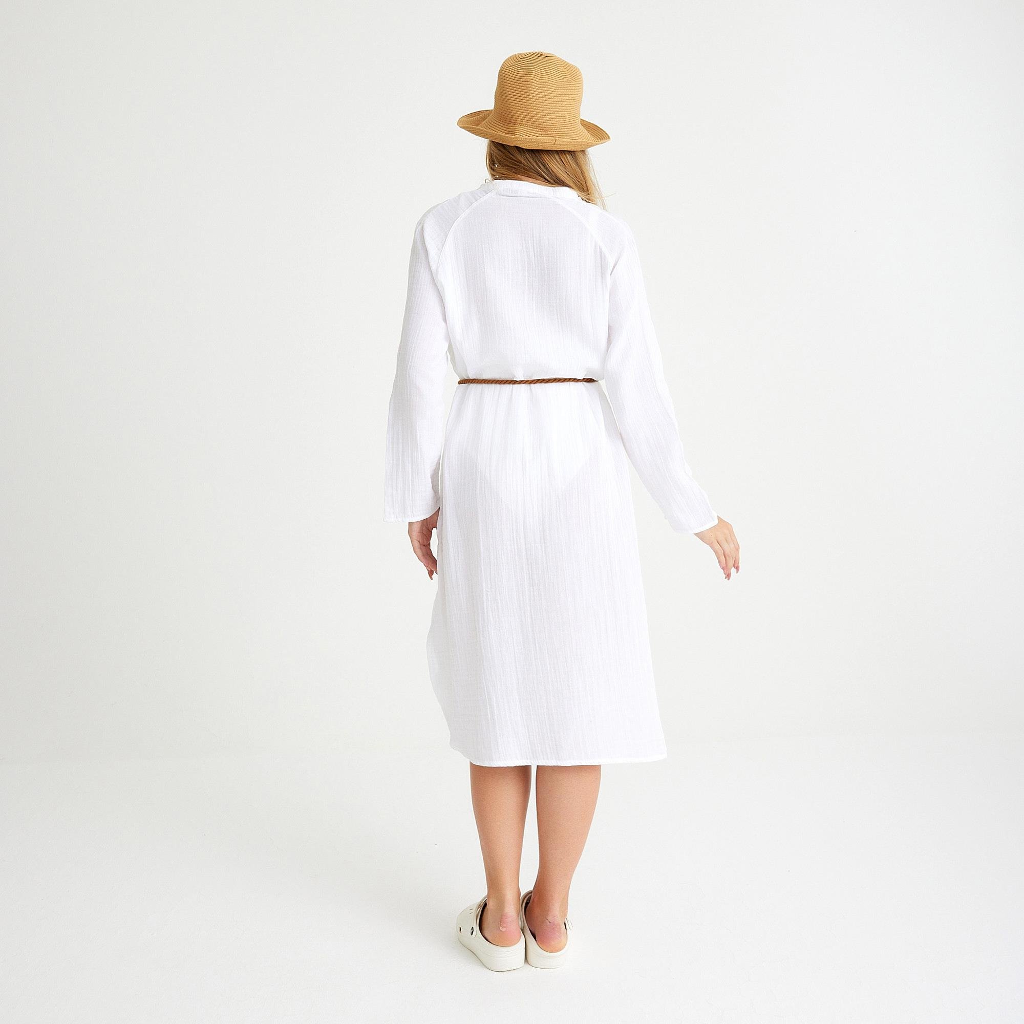 Plaj Elbisesi - %100 Pamuklu Dokuma Müslin Hakim Yaka Kemer Detaylı Plaj Gömlek Elbise - Miespiga