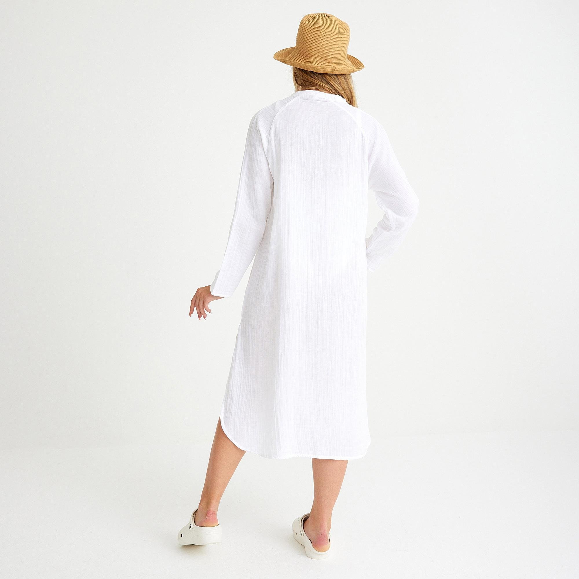 Plaj Elbisesi - %100 Pamuklu Dokuma Müslin Hakim Yaka Kemer Detaylı Plaj Gömlek Elbise - Miespiga