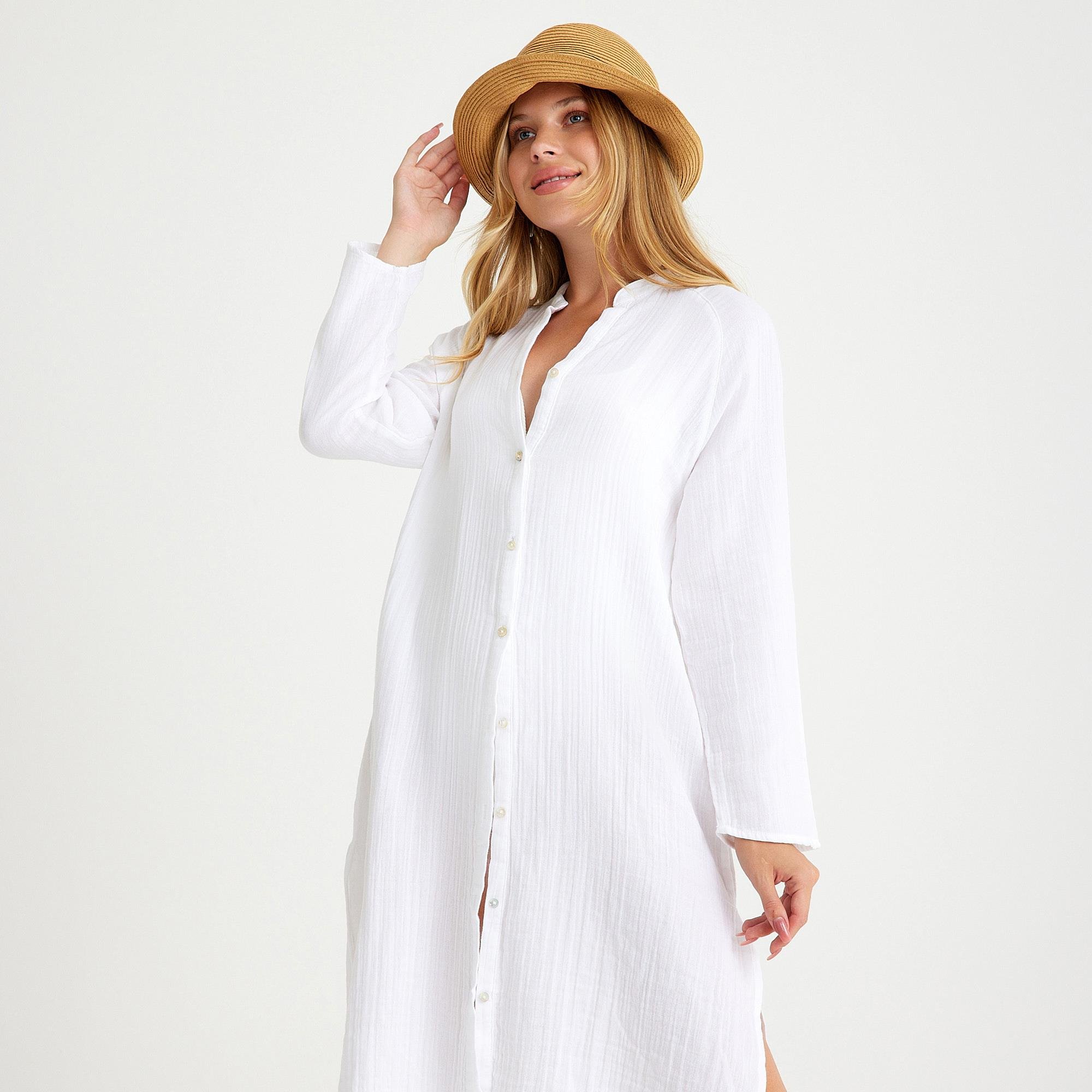 Plaj Elbisesi - %100 Pamuklu Dokuma Müslin Hakim Yaka Kemer Detaylı Plaj Gömlek Elbise - Miespiga