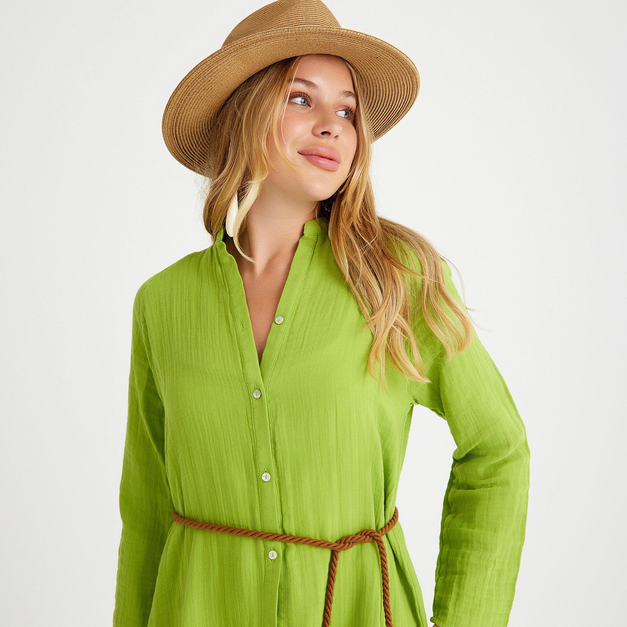 Plaj Elbisesi - %100 Pamuklu Dokuma Müslin Hakim Yaka Kemer Detaylı Plaj Gömlek Elbise - Miespiga