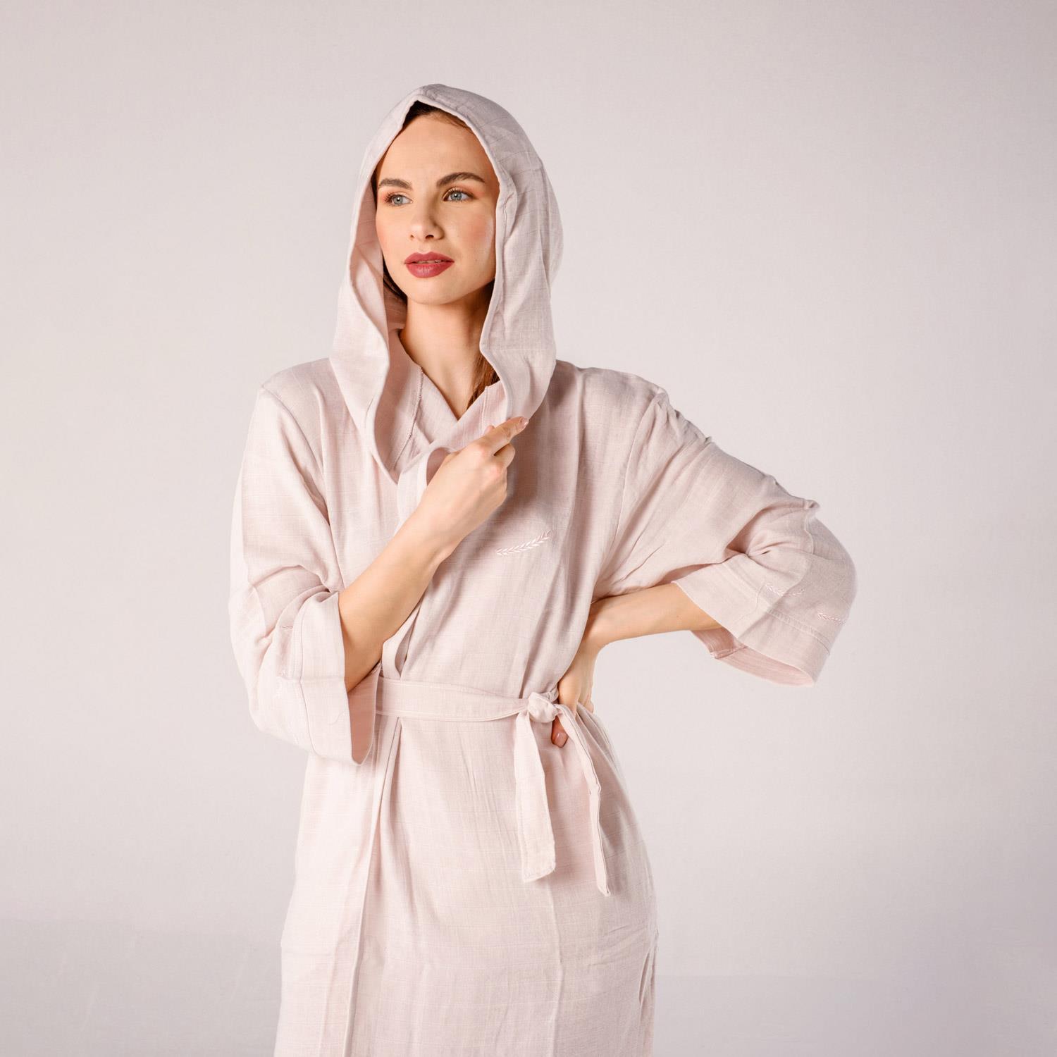 Müslin Bornoz - Başak Nakışlı Müslin Plaj Bornozu Açık Pembe - Miespiga