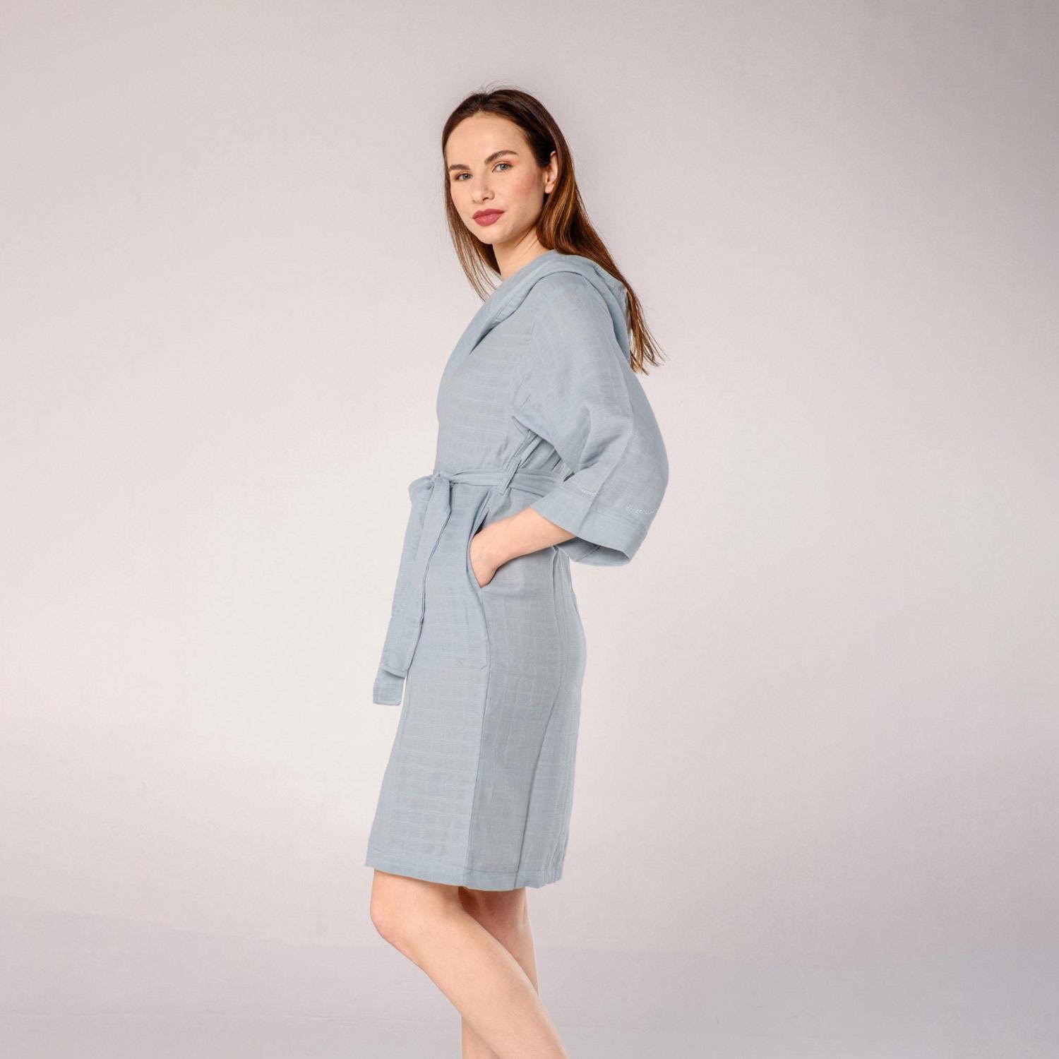 Müslin Bornoz - Başak Nakışlı Müslin Plaj Bornozu Turkuaz - Miespiga