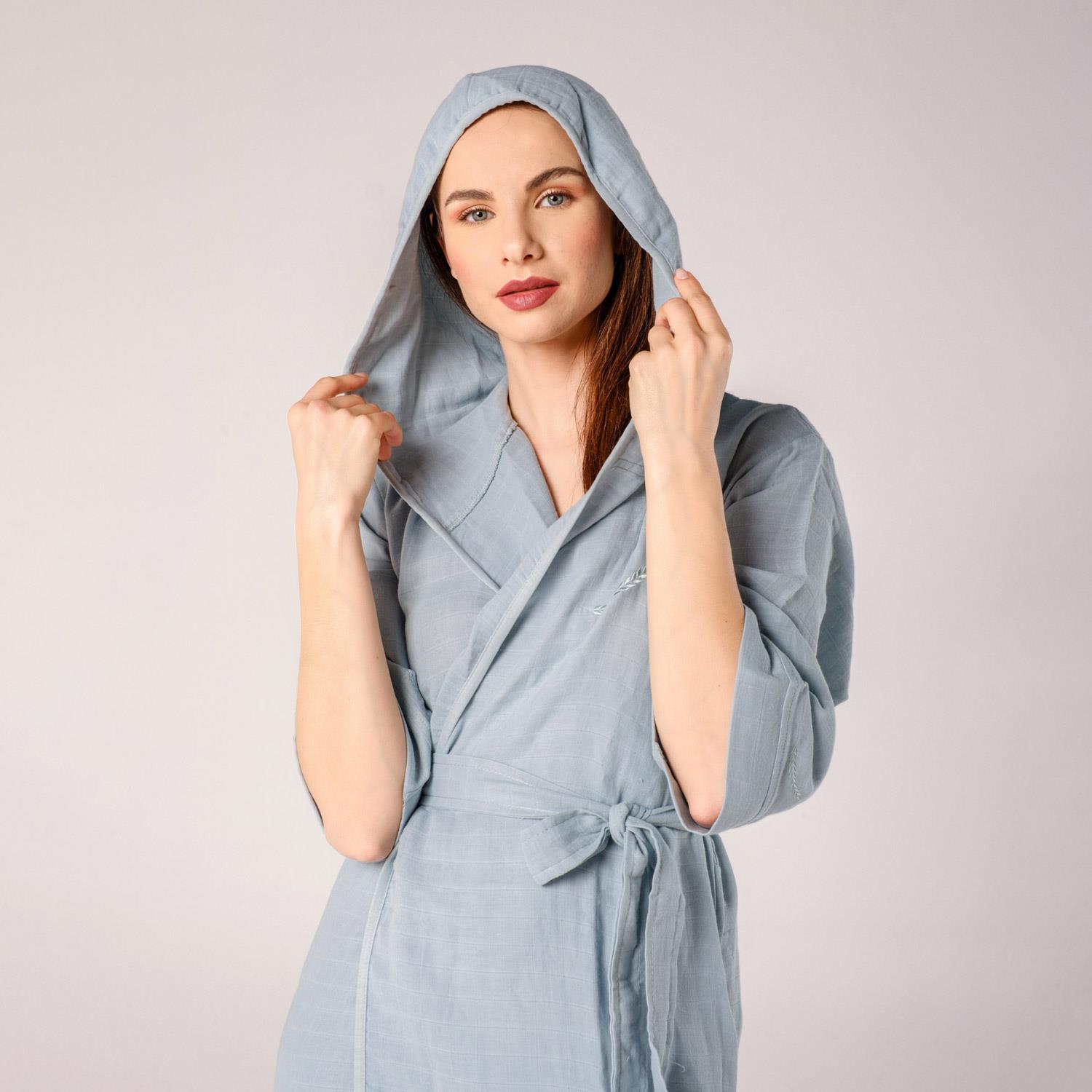 Müslin Bornoz - Başak Nakışlı Müslin Plaj Bornozu Turkuaz - Miespiga