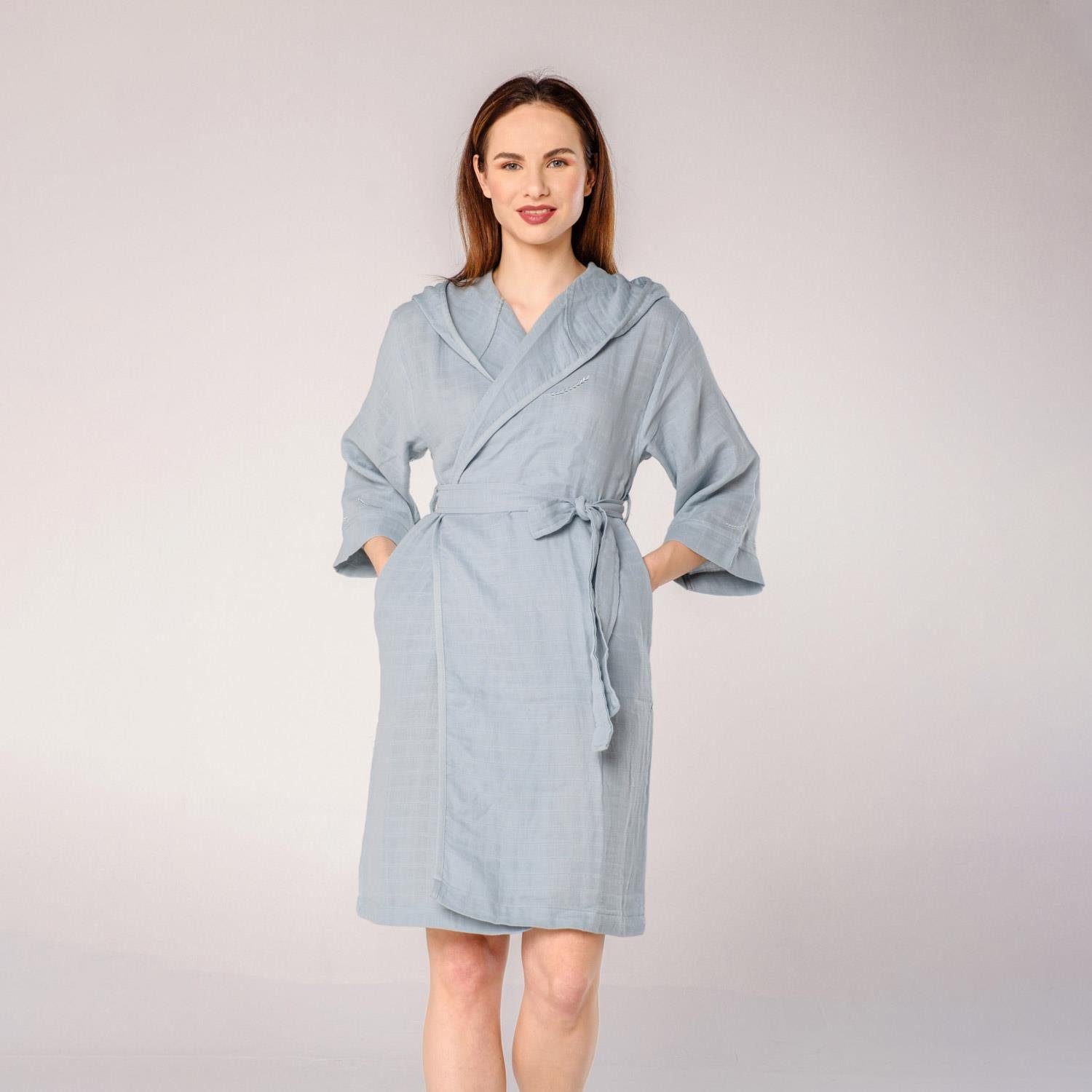 Müslin Bornoz - Başak Nakışlı Müslin Plaj Bornozu Turkuaz - Miespiga