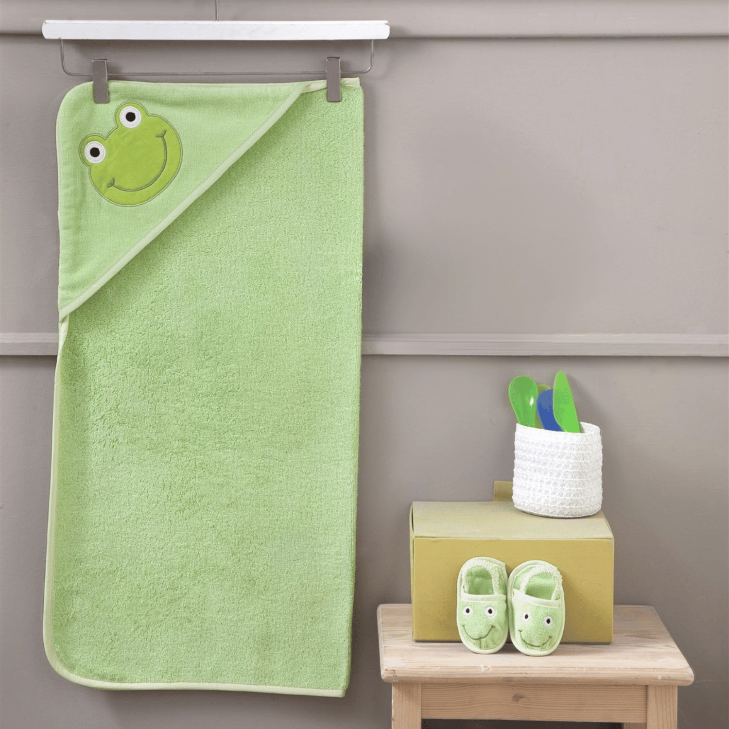 Havlu Kundak - Bebek Havlu Kundak Terlik Seti Frog - Miespiga