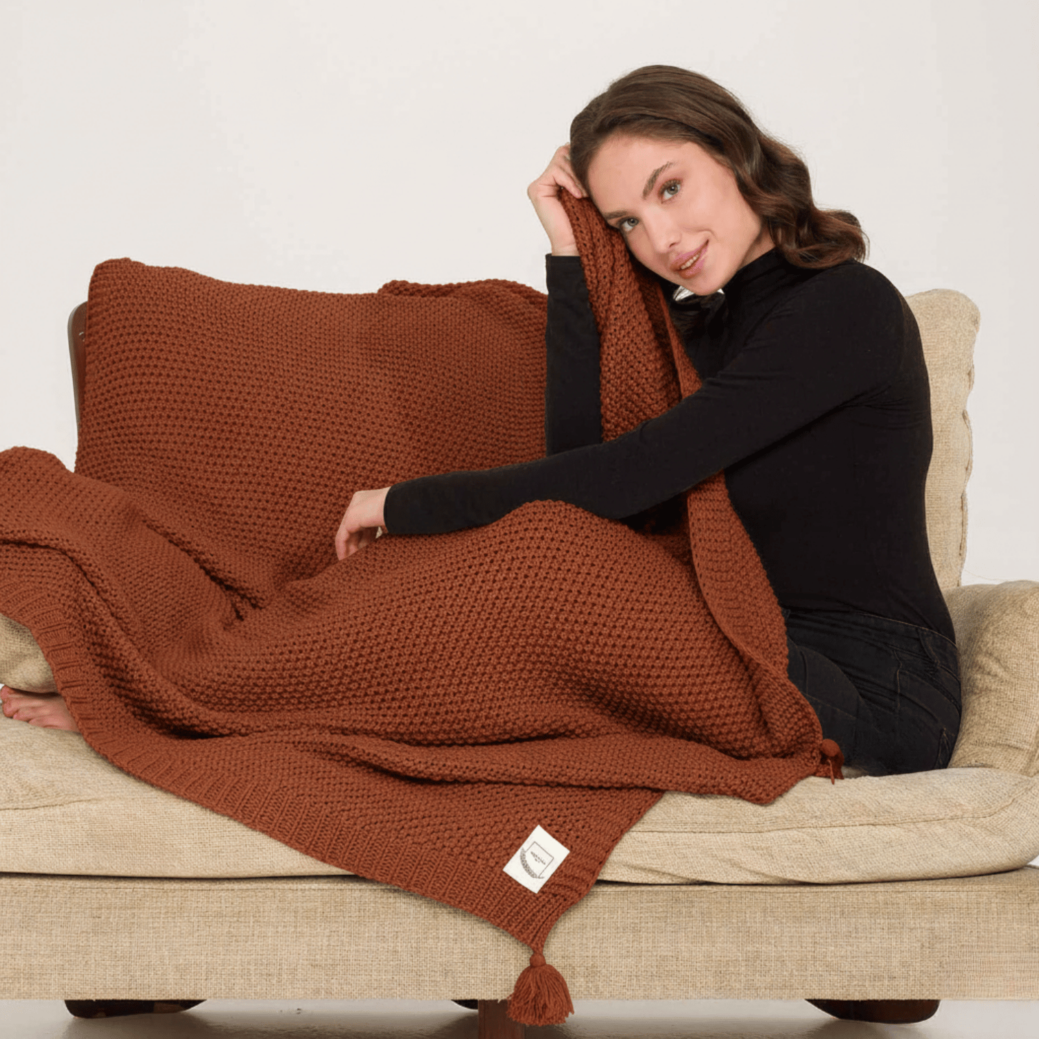 Koltuk Şalı - Coco Pirinç Örgü Ponponlu Triko Tv Battaniyesi Throw Koltuk Şalı - Miespiga