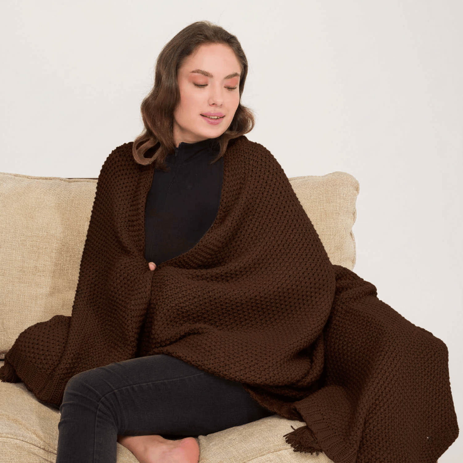 Koltuk Şalı - Coco Pirinç Örgü Ponponlu Triko Tv Battaniyesi Throw Koltuk Şalı - Miespiga