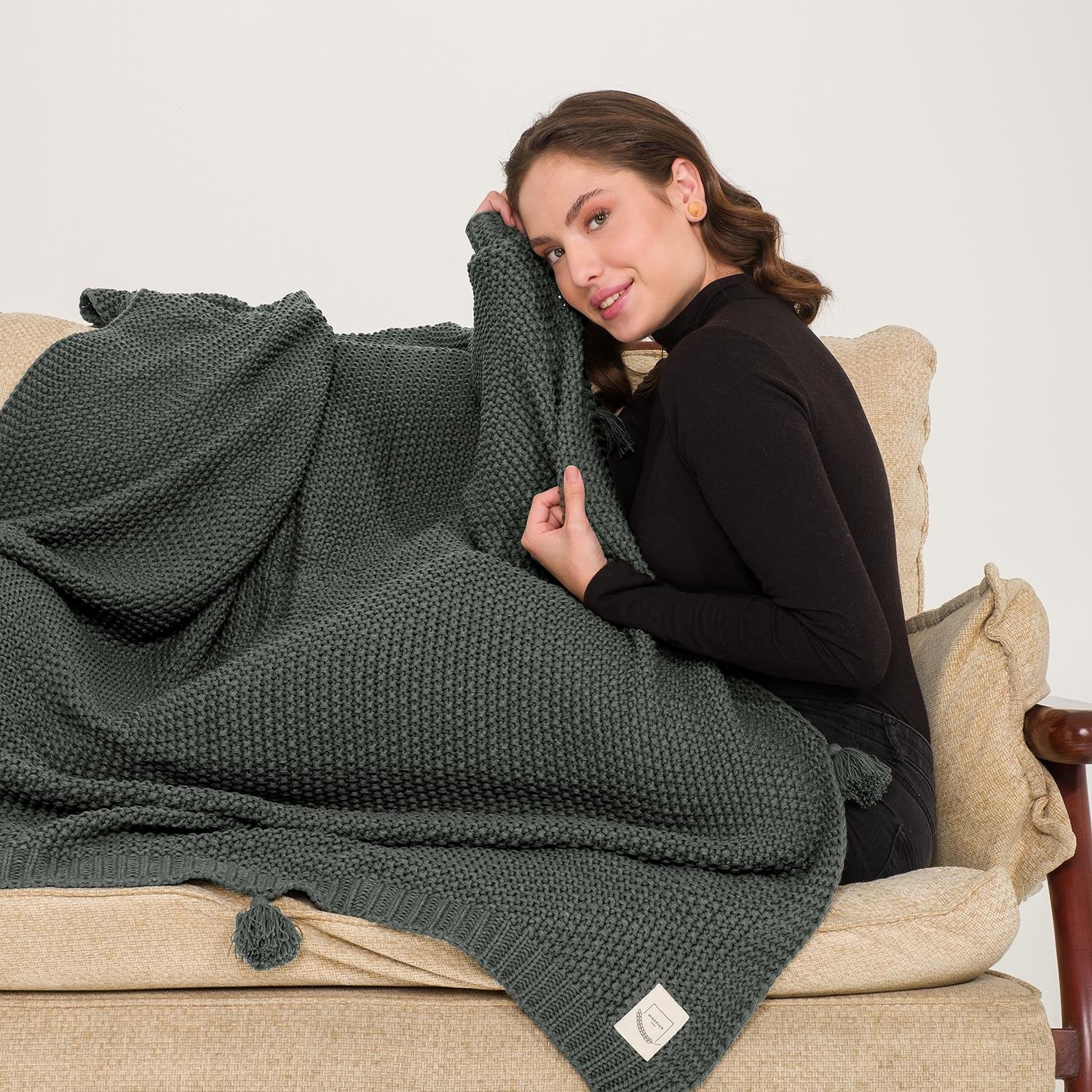 Battaniye - Coco Pirinç Örgü Ponponlu Triko Tv Battaniyesi Throw Koltuk Şalı - Miespiga