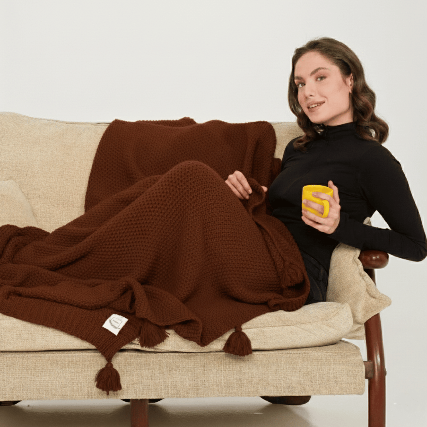 Koltuk Şalı - Coco Pirinç Örgü Ponponlu Triko Tv Battaniyesi Throw Koltuk Şalı - Miespiga