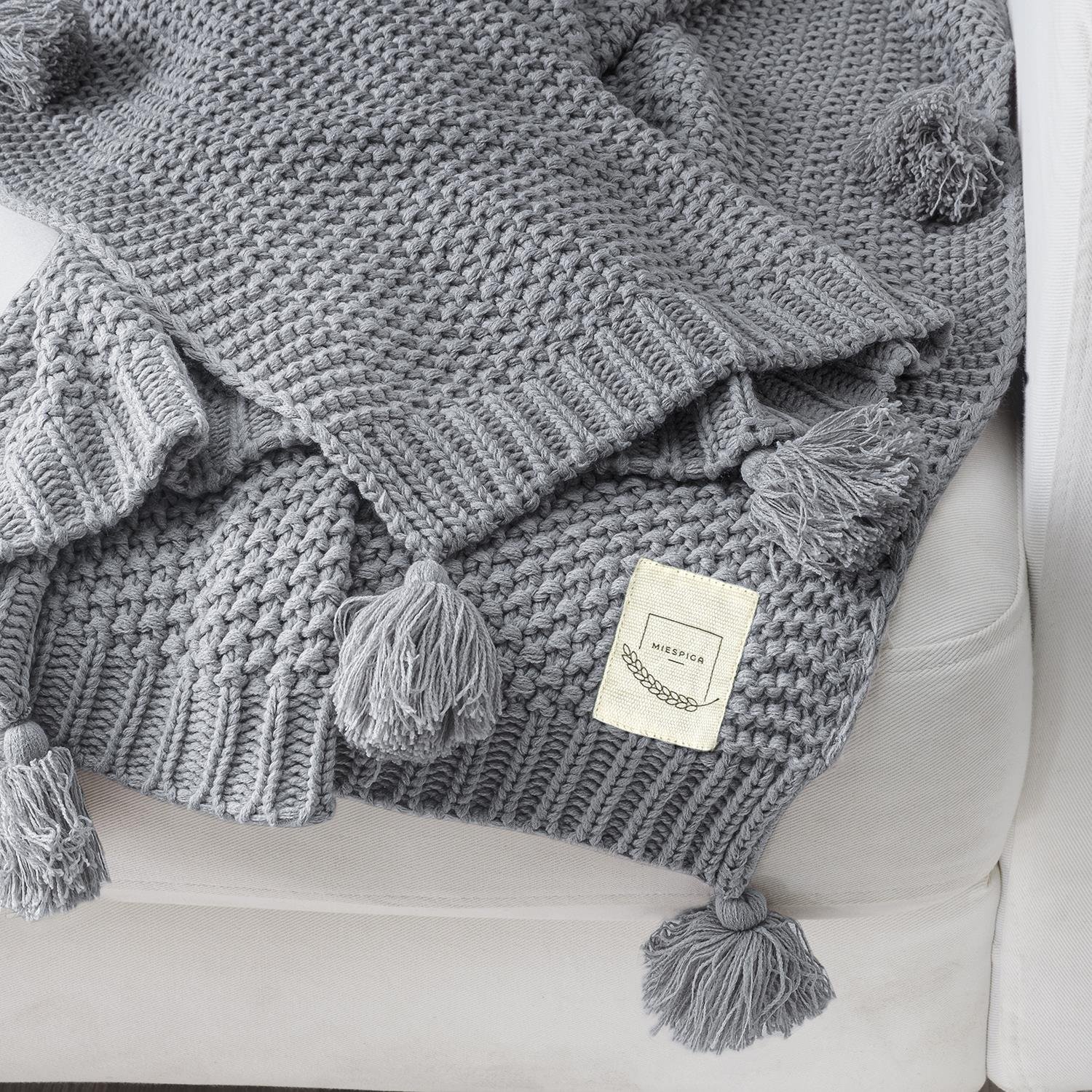 Battaniye - Coco Pirinç Örgü Ponponlu Triko Tv Battaniyesi Throw Koltuk Şalı - Miespiga