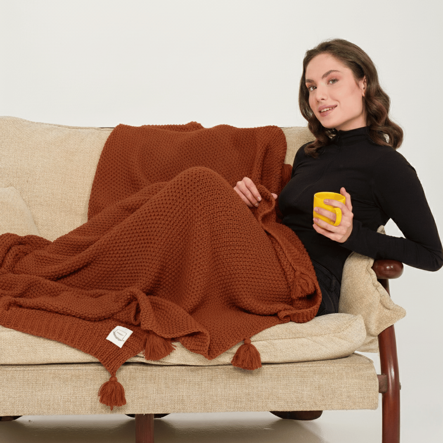 Koltuk Şalı - Coco Pirinç Örgü Ponponlu Triko Tv Battaniyesi Throw Koltuk Şalı - Miespiga