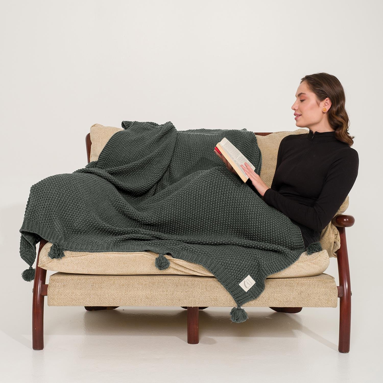 Battaniye - Coco Pirinç Örgü Ponponlu Triko Tv Battaniyesi Throw Koltuk Şalı - Miespiga