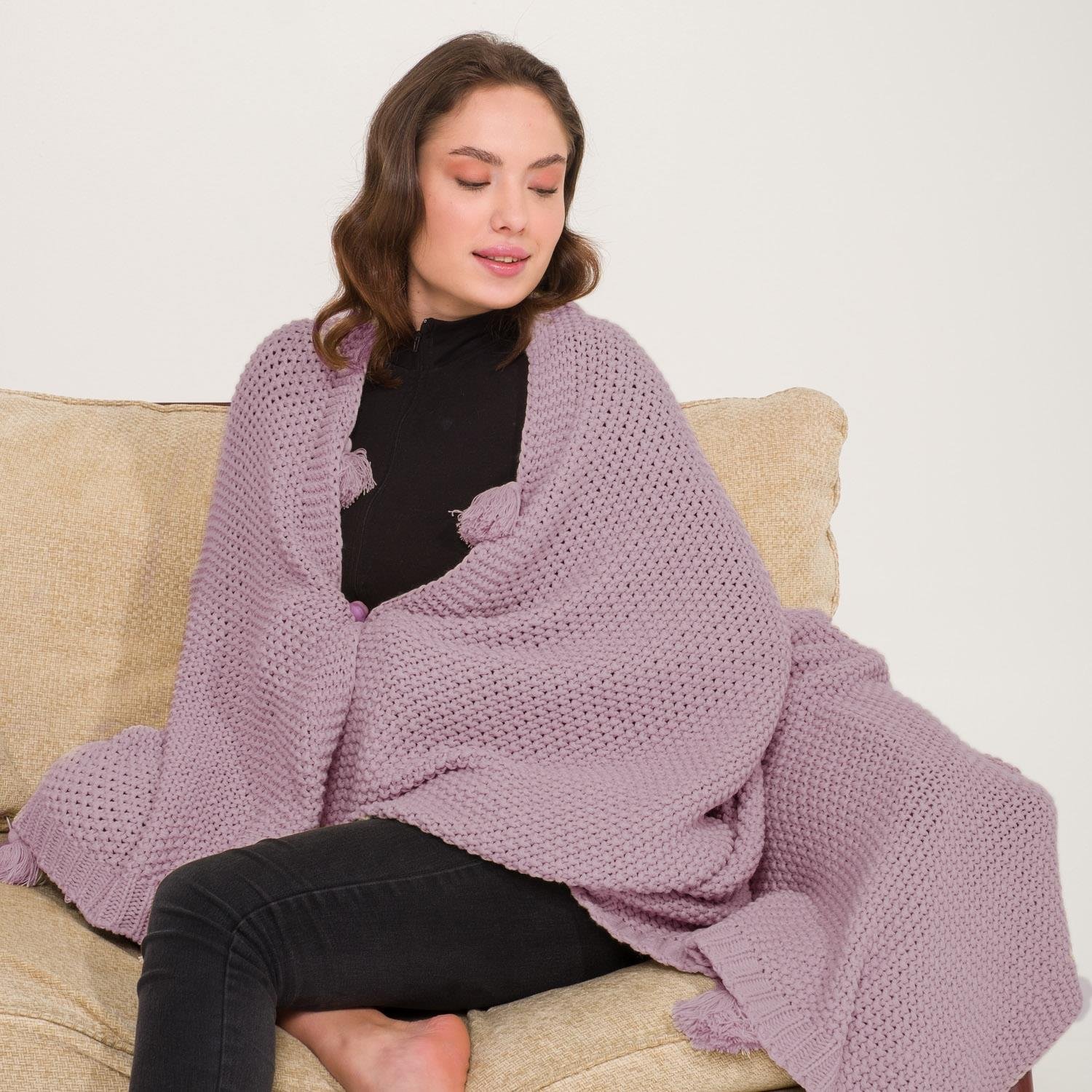 Battaniye - Coco Pirinç Örgü Ponponlu Triko Tv Battaniyesi Throw Koltuk Şalı - Miespiga