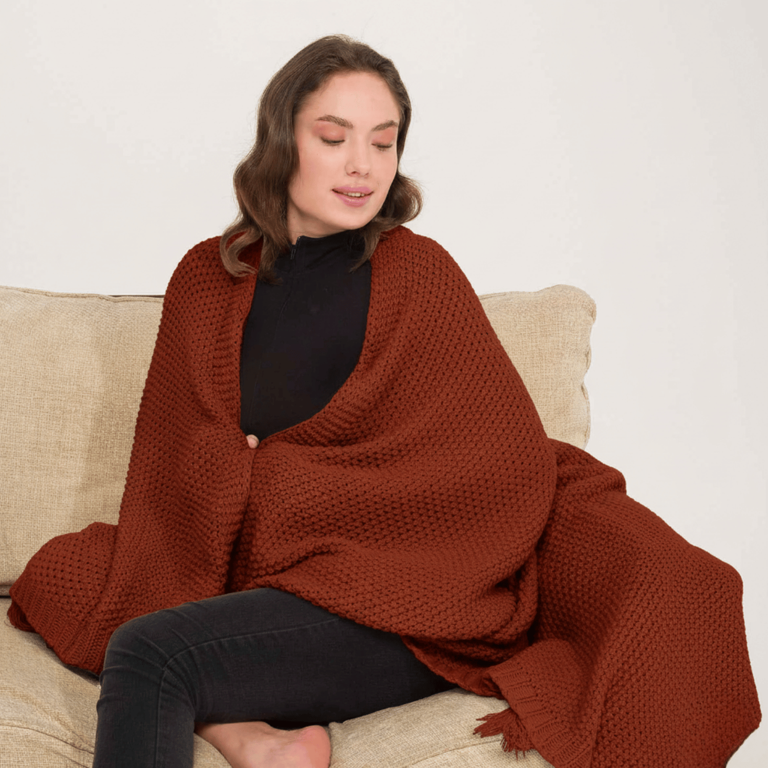 Koltuk Şalı - Coco Pirinç Örgü Ponponlu Triko Tv Battaniyesi Throw Koltuk Şalı - Miespiga